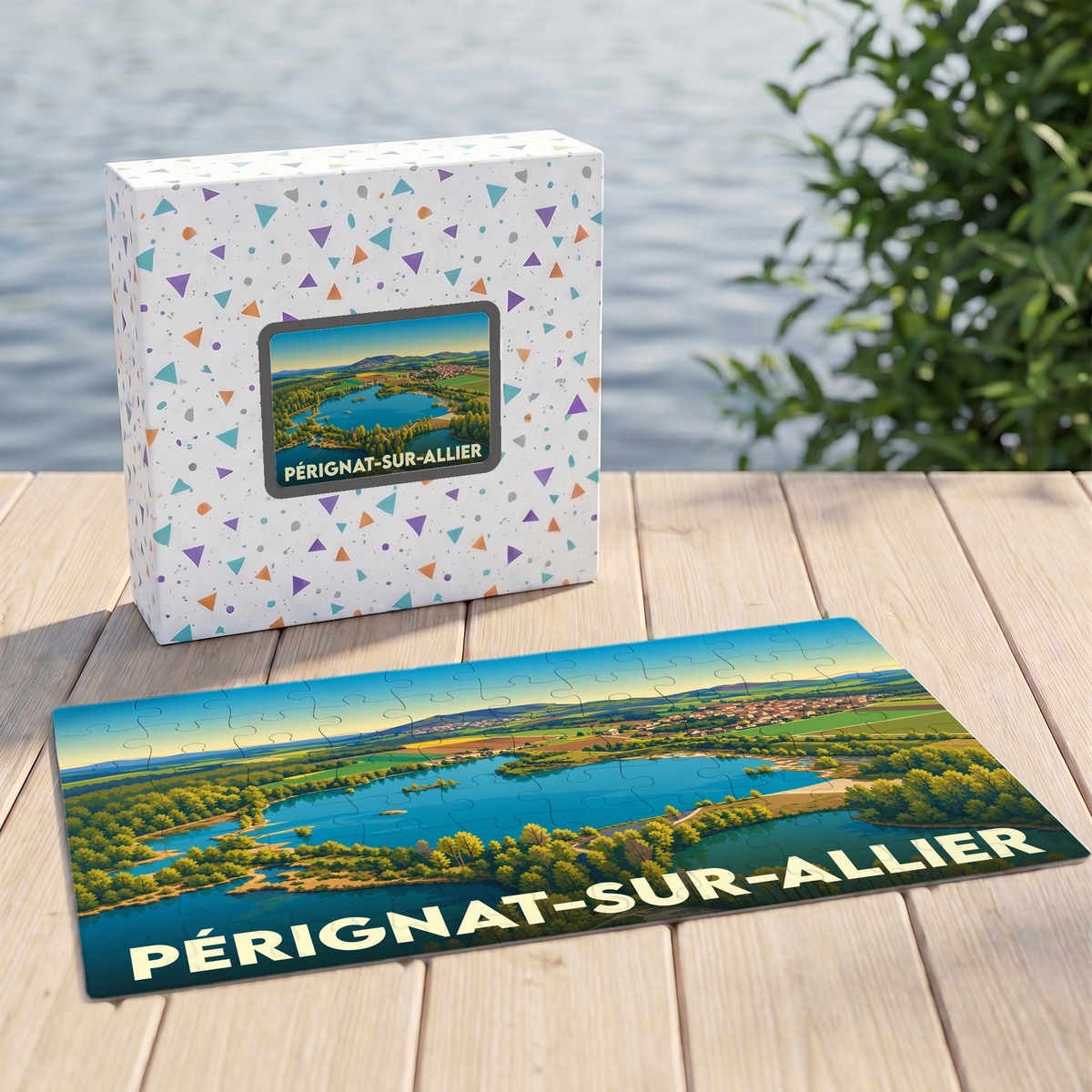Puzzle souvenir de la ville de Pérignat-sur-Allier représentant une vue aérienne du lac et de ses environs.