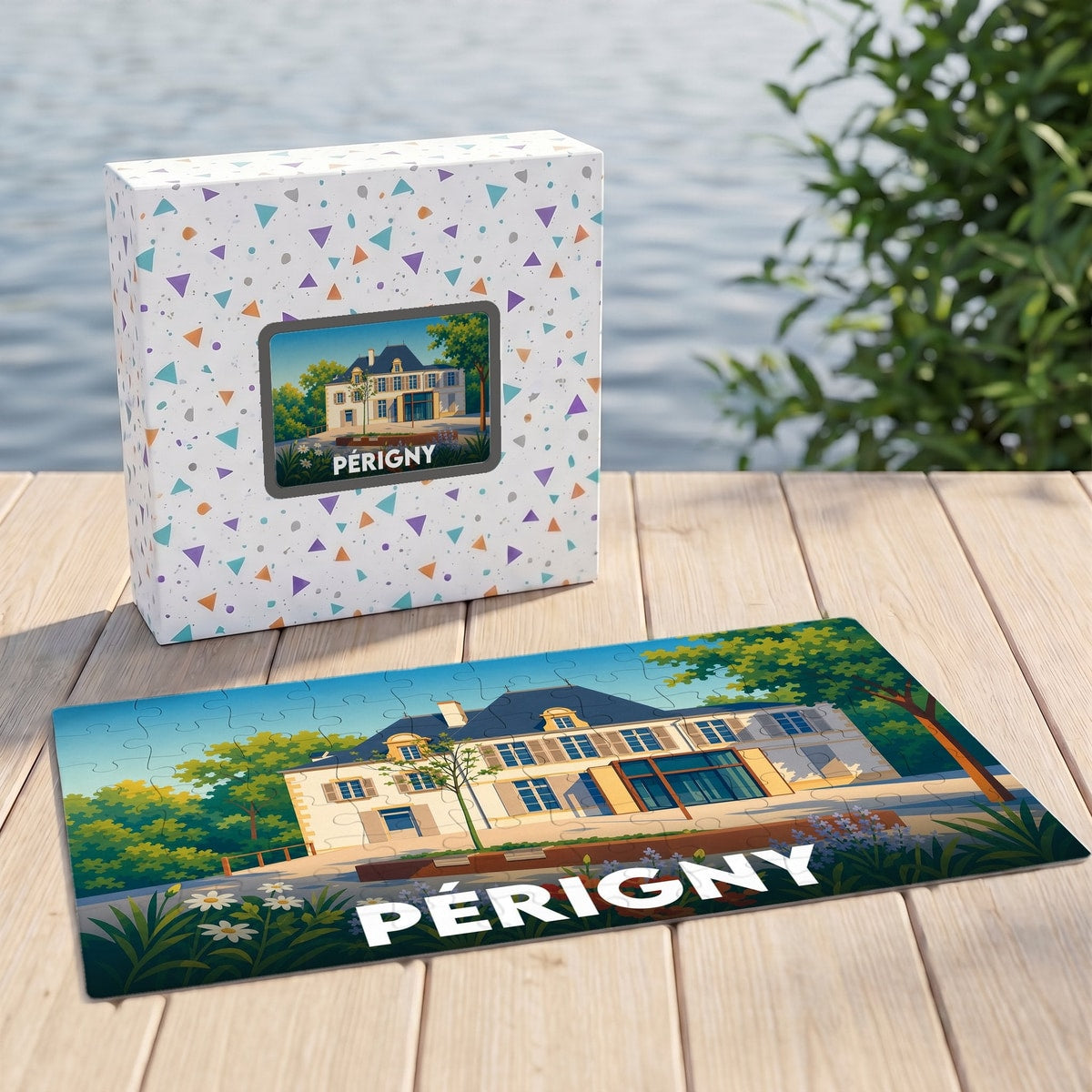 Puzzle souvenir de la ville de Périgny représentant une illustration stylisée de sa mairie.