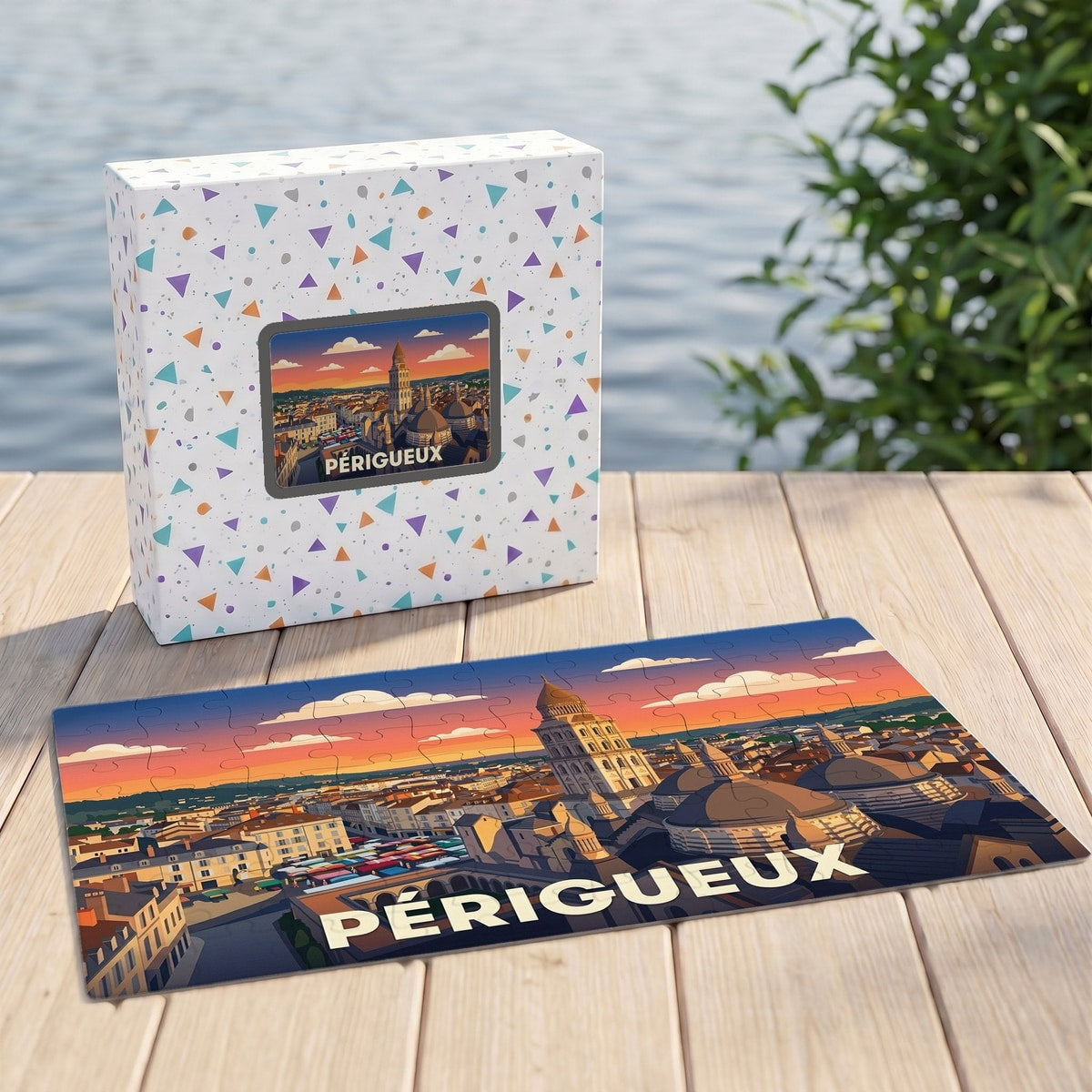 Puzzle souvenir de la ville de Périgueux représentant son paysage urbain dans un style illustré.