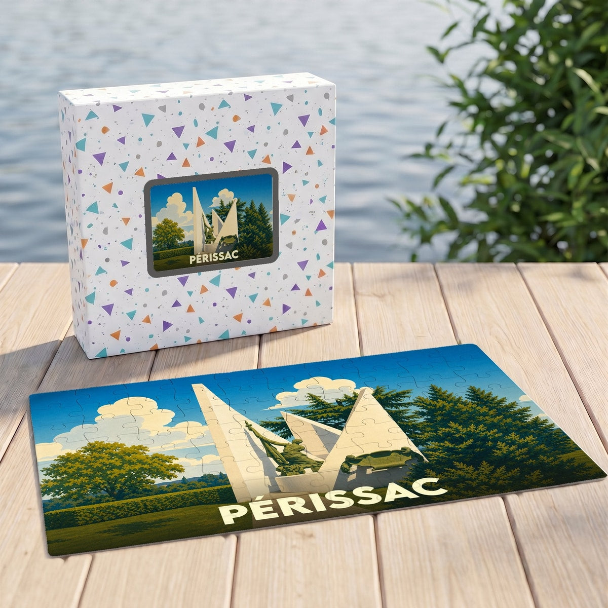Puzzle souvenir de la ville de Périssac avec une illustration stylisée d'un monument local.