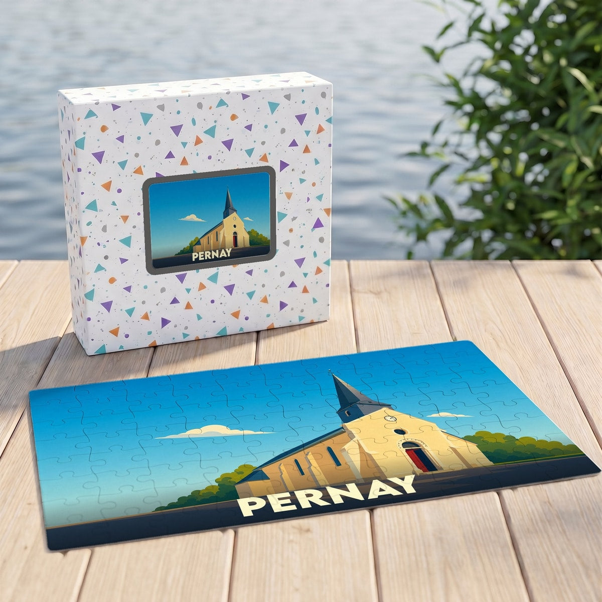 Puzzle souvenir de la ville de Pernay avec une illustration stylisée de son église.