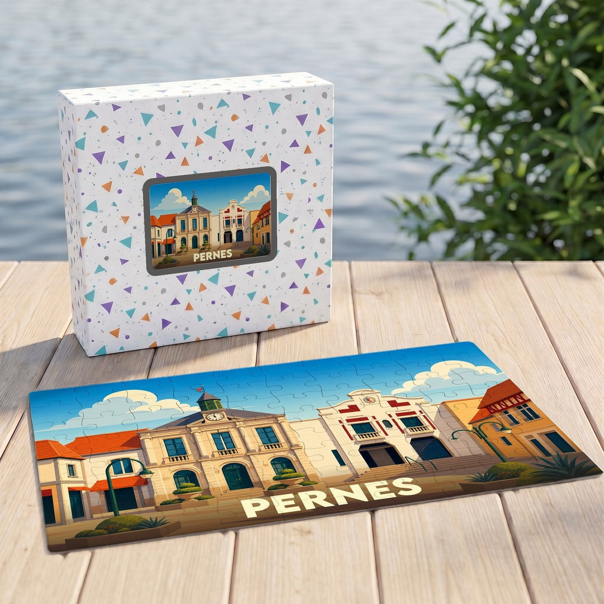 Puzzle souvenir de la ville de Pernes avec une illustration stylisée de son architecture.