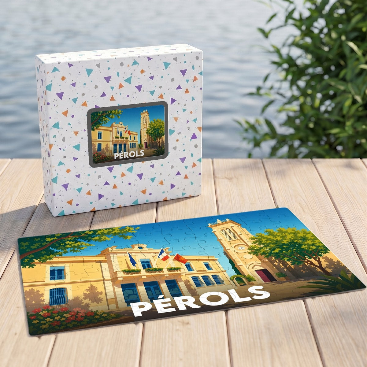Puzzle souvenir de la ville de Pérols avec une illustration colorée de l'hôtel de ville et de son église.