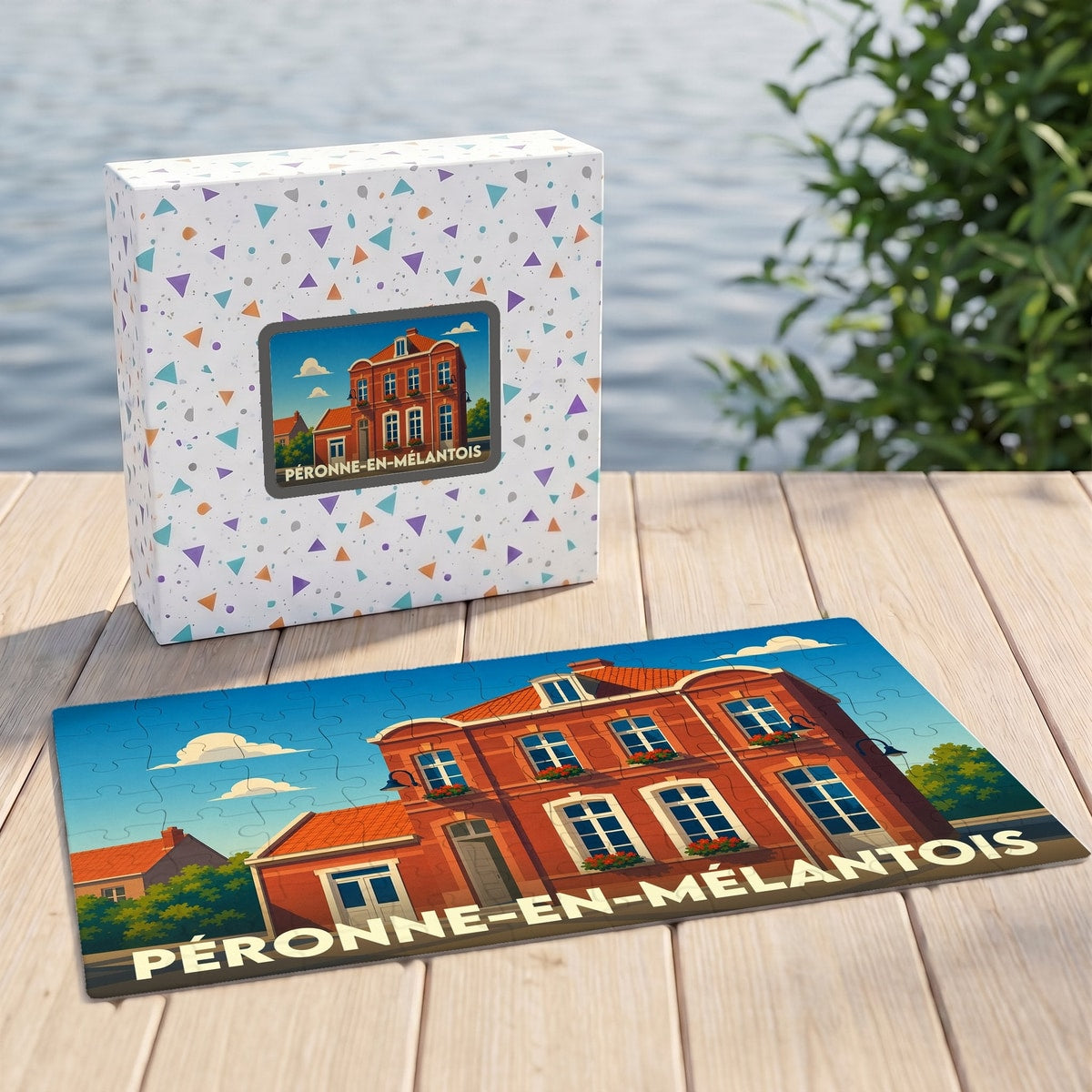 Puzzle souvenir de la ville de Péronne-en-Mélantois avec une illustration stylisée de l'architecture locale.