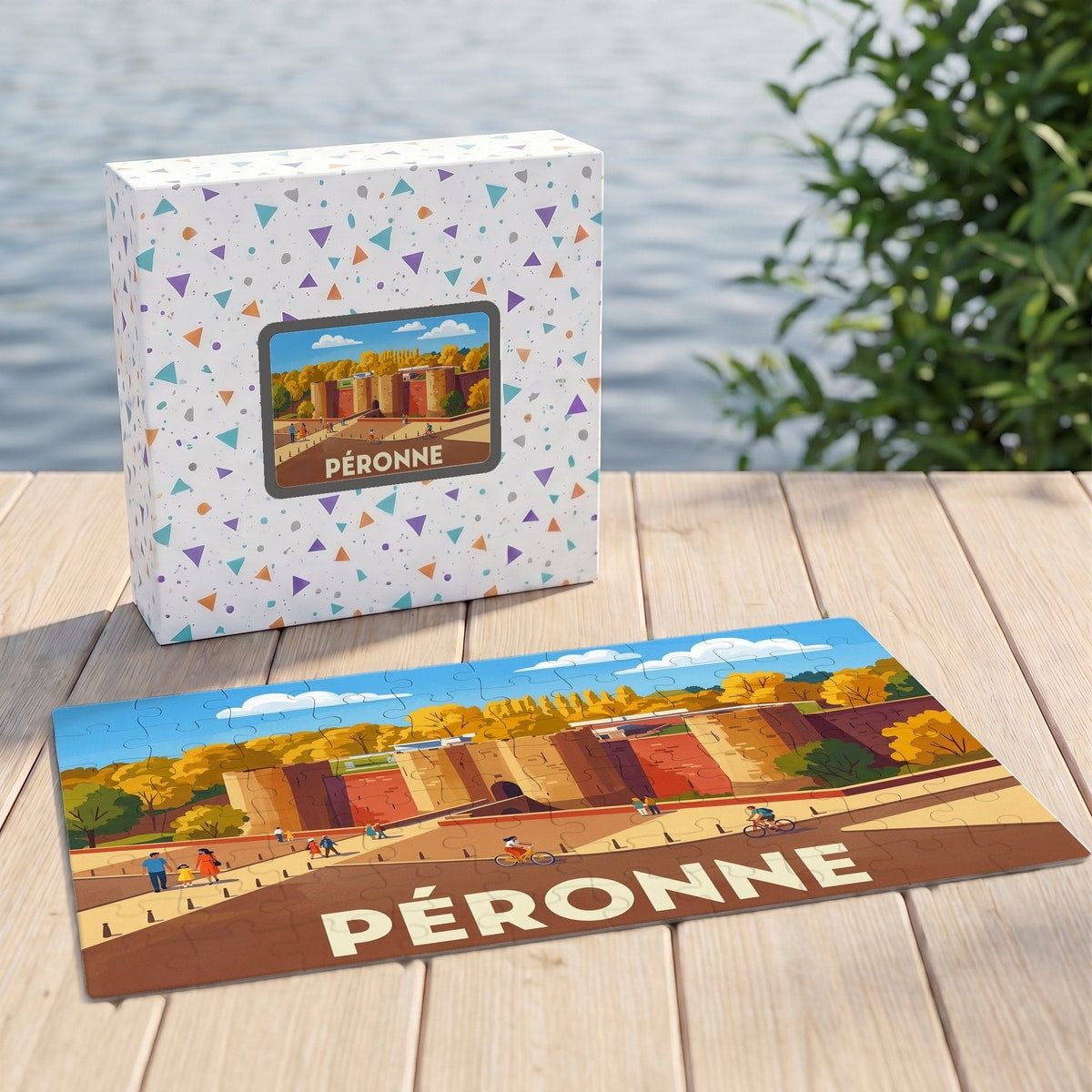 Puzzle souvenir de la ville de Péronne avec une illustration colorée et stylisée de ses remparts.