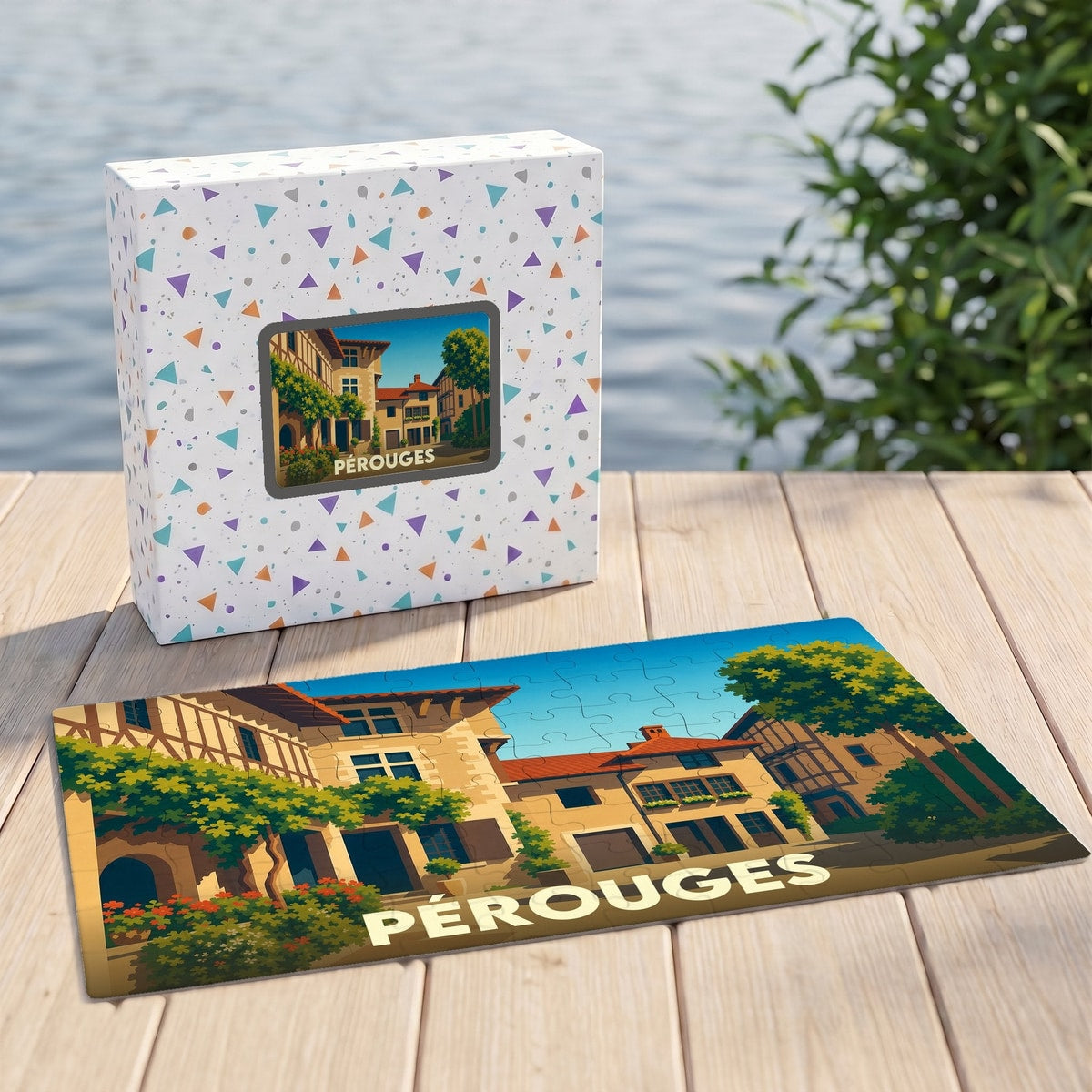 Puzzle souvenir de la ville de Pérouges présentant une illustration stylisée de ses façades médiévales.