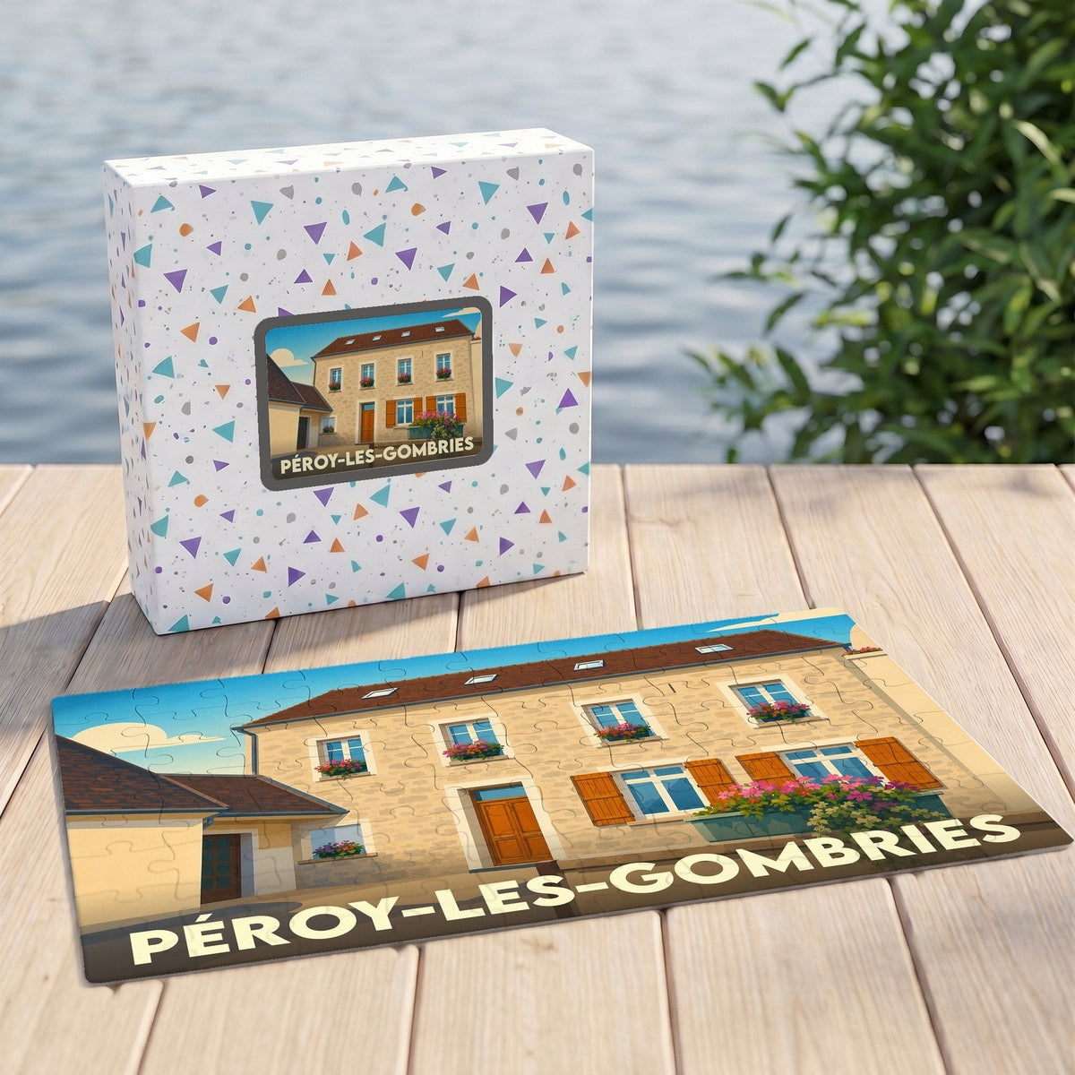 Puzzle souvenir de la ville de Péroy-les-Gombries avec une illustration stylisée d'une maison en pierre fleurie.