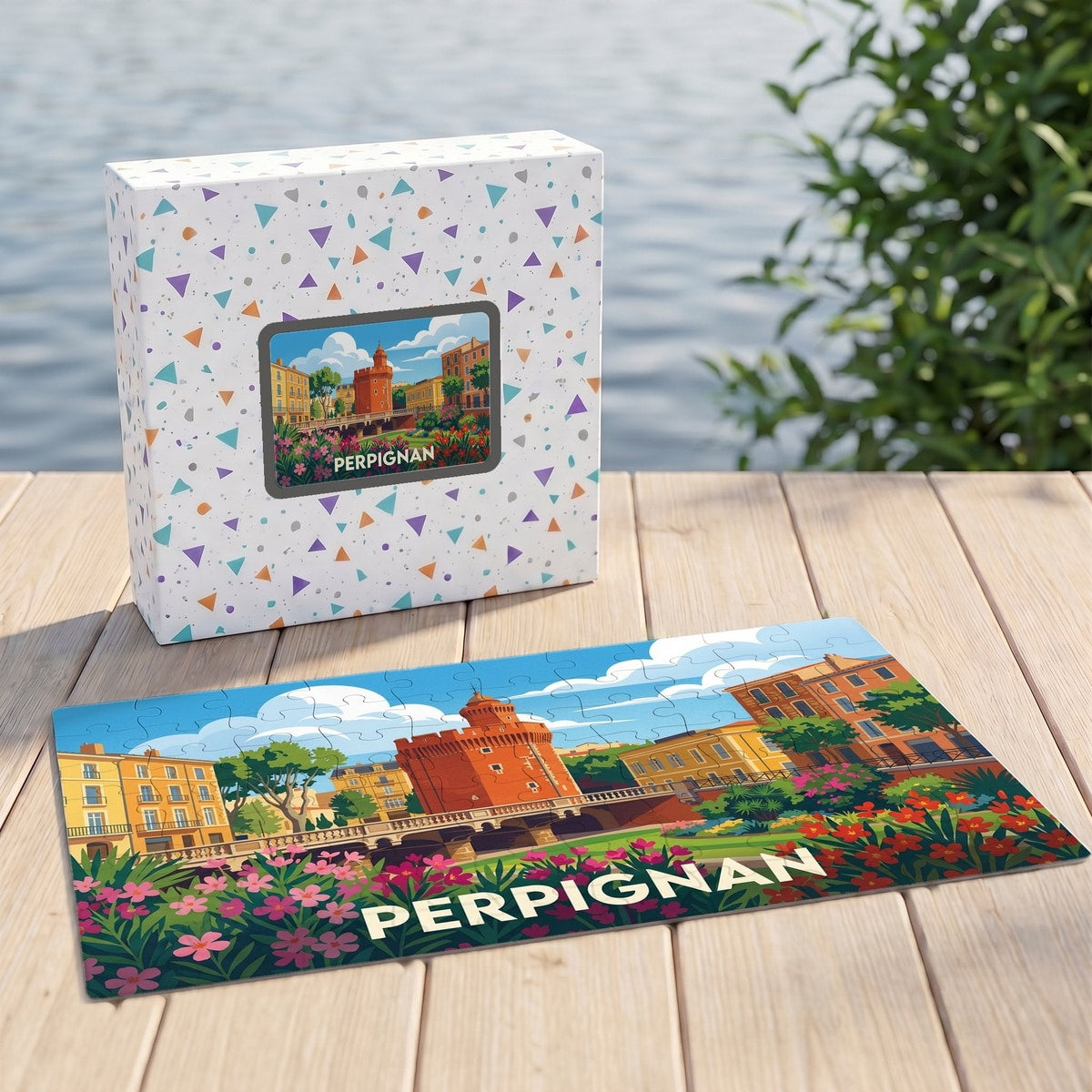 Puzzle souvenir de la ville de Perpignan avec une illustration stylisée et colorée du Castillet.