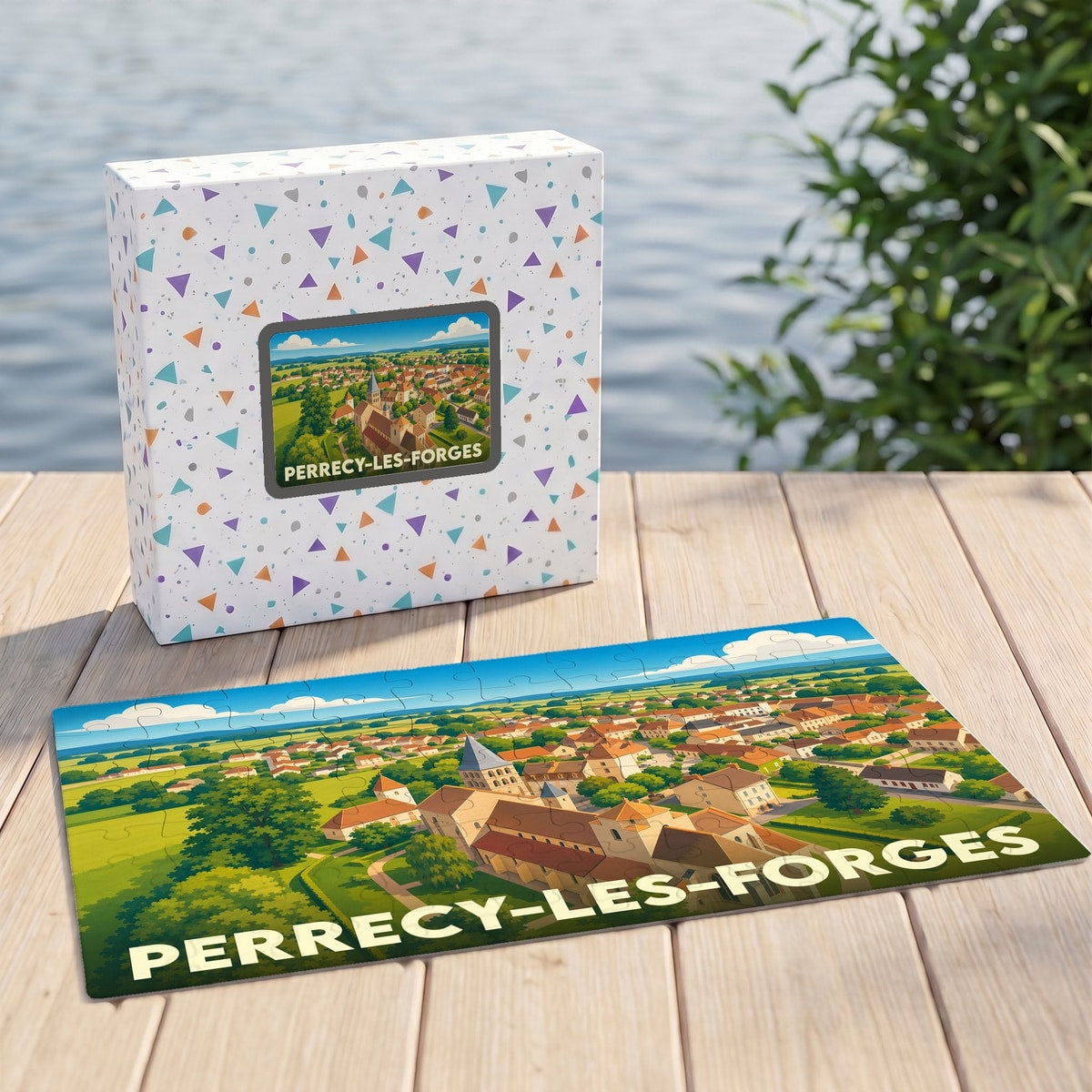 Puzzle souvenir de la ville de Perrecy-les-Forges avec une illustration panoramique stylisée.