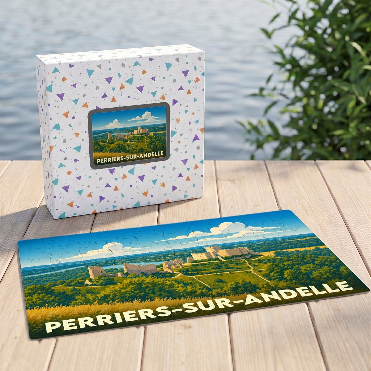 Puzzle souvenir de Perriers-sur-Andelle présentant une illustration panoramique de la ville et de ses environs.