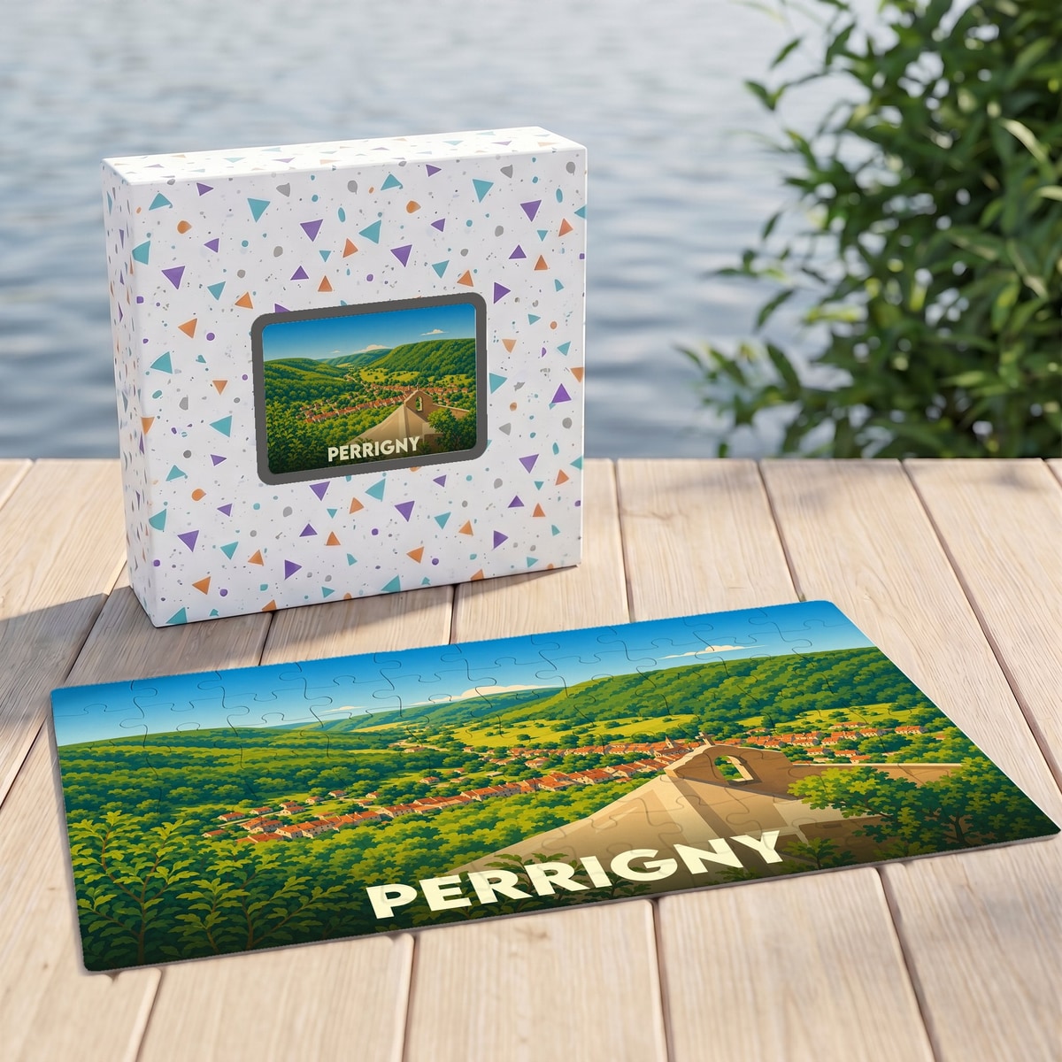 Puzzle souvenir de la ville de Perrigny avec une illustration stylisée d'un paysage verdoyant.