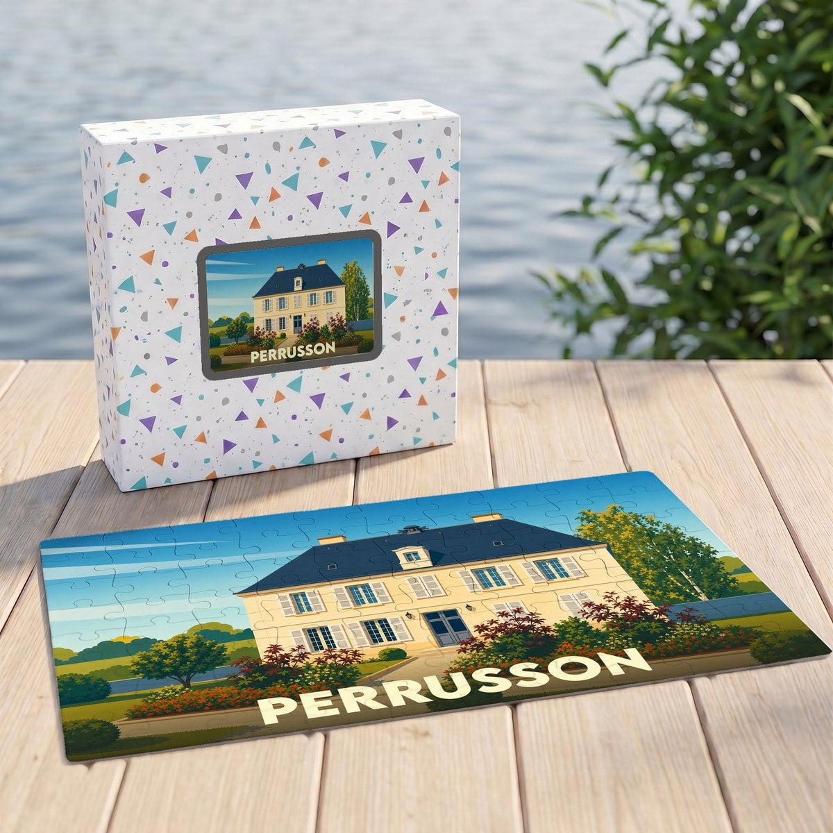 Puzzle souvenir de la ville de Perrusson avec une illustration stylisée d'une grande demeure.