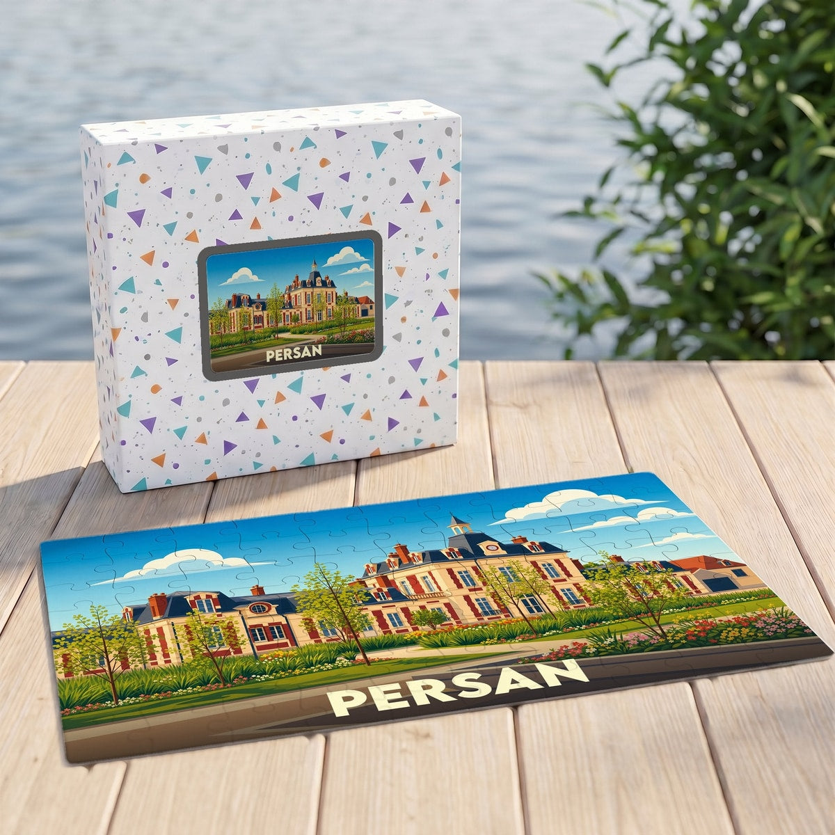 Puzzle souvenir de la ville de Persan illustrant un château coloré dans un style graphique épuré.