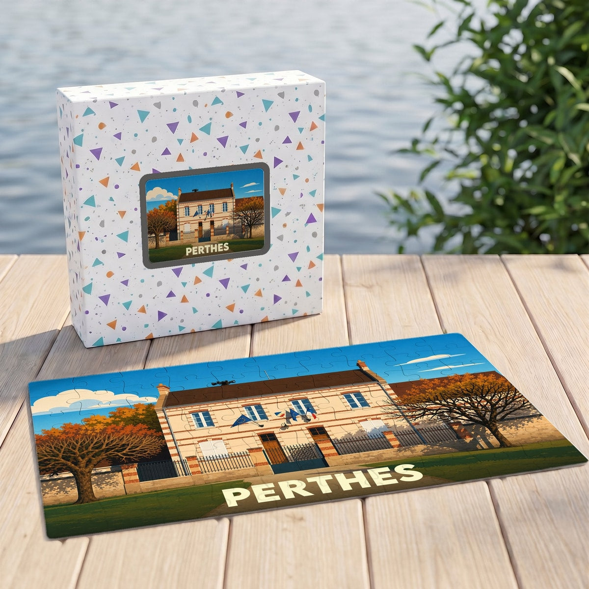 Puzzle souvenir de la ville de Perthes avec une illustration stylisée de sa mairie.