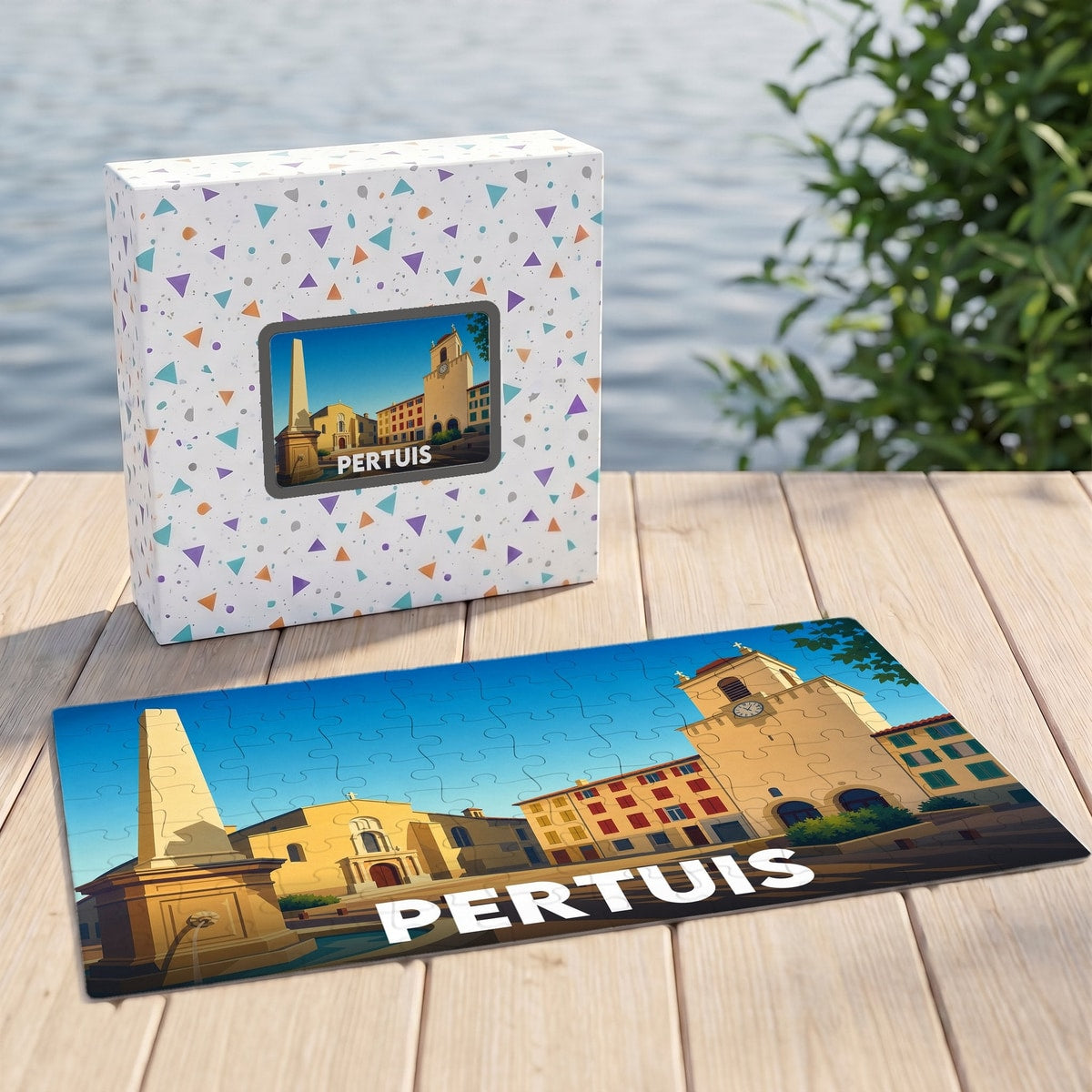 Puzzle souvenir de la ville de Pertuis avec une illustration stylisée de son centre historique.