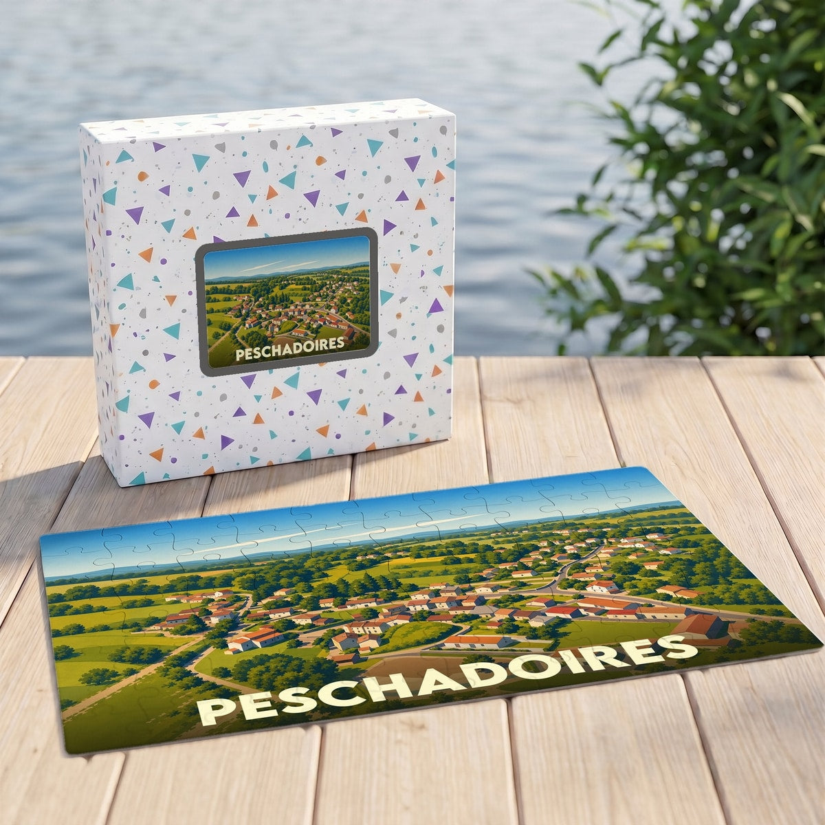 Puzzle souvenir de la ville de Peschadoires avec une illustration panoramique stylisée.