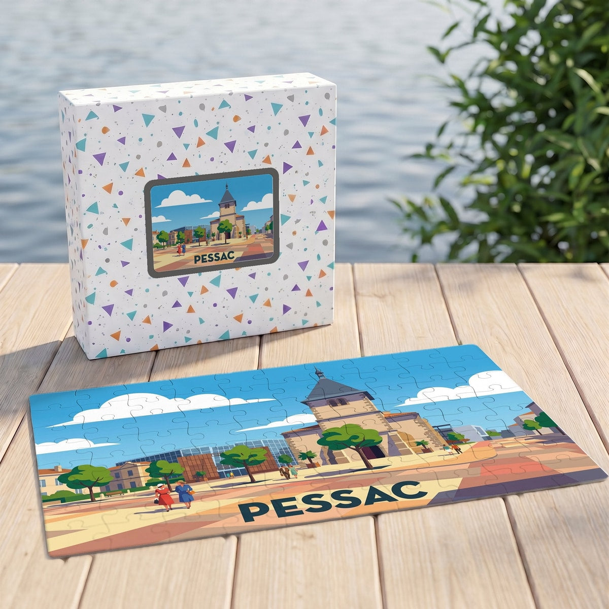 Puzzle souvenir de la ville de Pessac avec une illustration colorée et stylisée de son centre-ville.