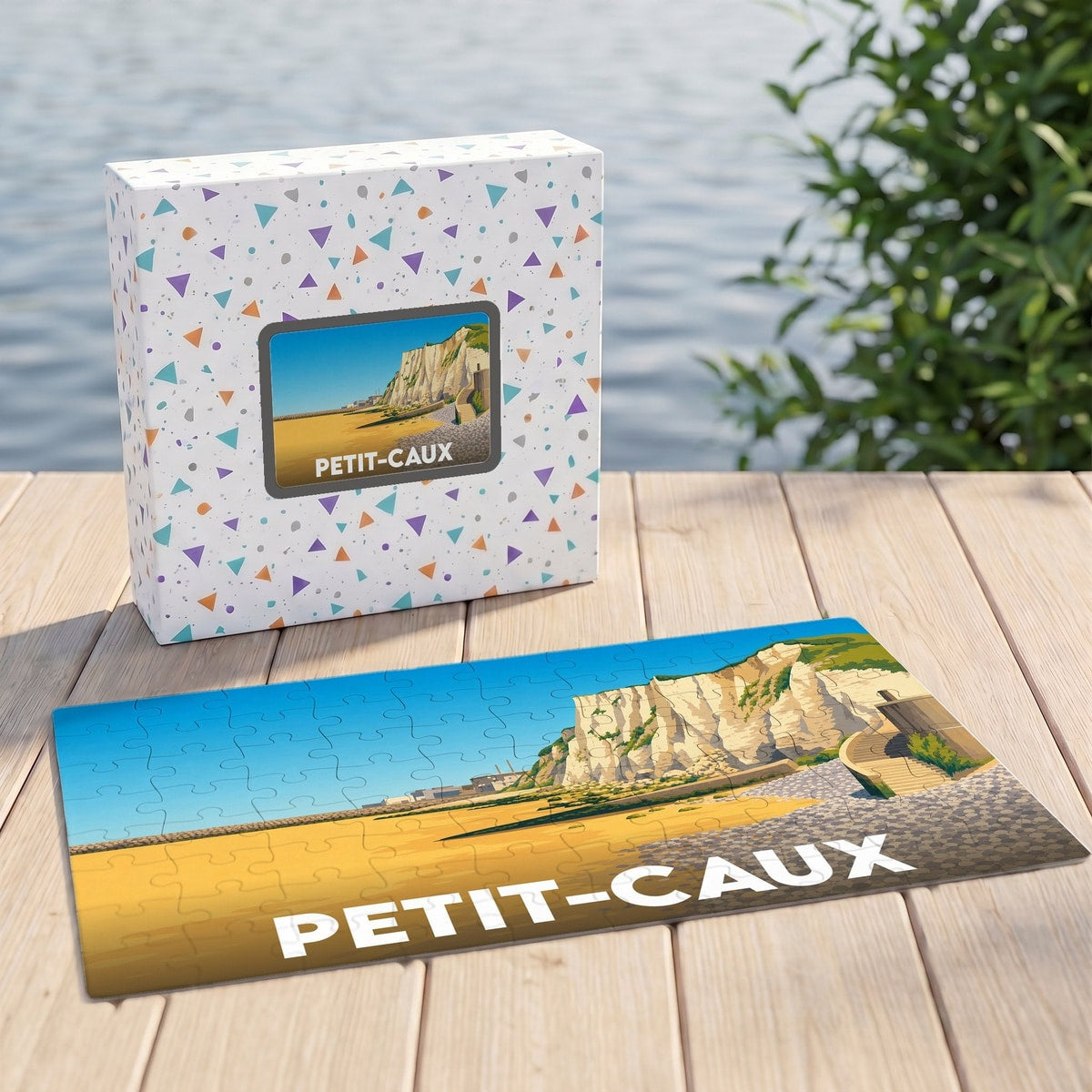 Puzzle souvenir de la ville de Petit-Caux avec une illustration stylisée de ses falaises.