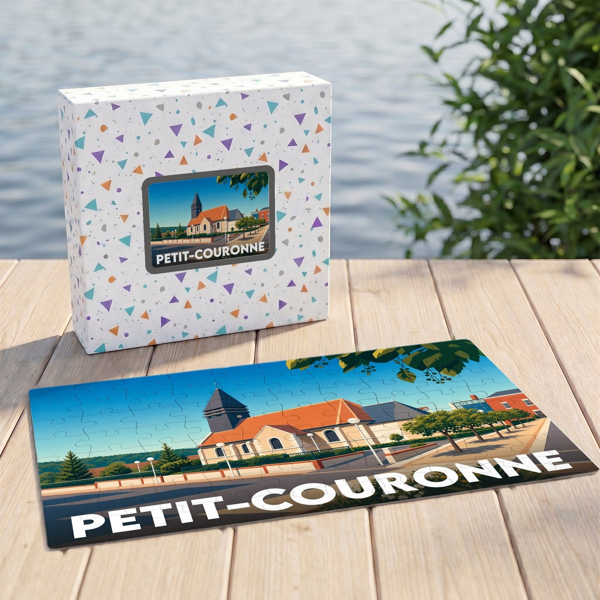 Puzzle souvenir de la ville de Petit-Couronne avec une illustration stylisée d'une église locale.