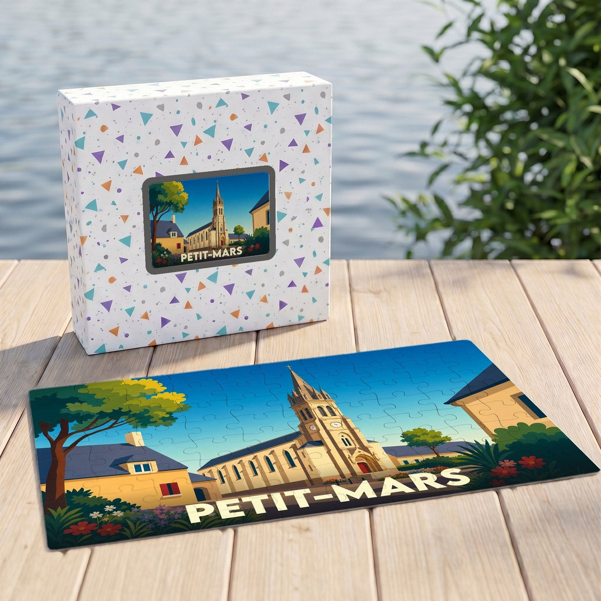 Puzzle souvenir de la ville de Petit-Mars avec une illustration stylisée de son église.