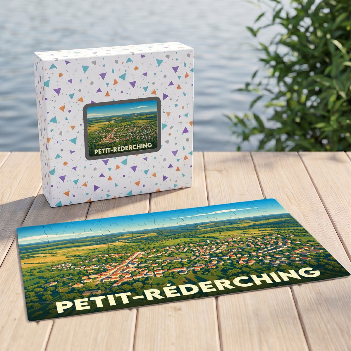 Puzzle souvenir de la ville de Petit-Réderching avec une illustration panoramique stylisée.