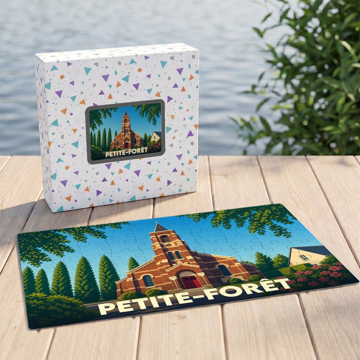 Puzzle souvenir de la ville de Petite-Forêt avec une illustration stylisée d'une église.