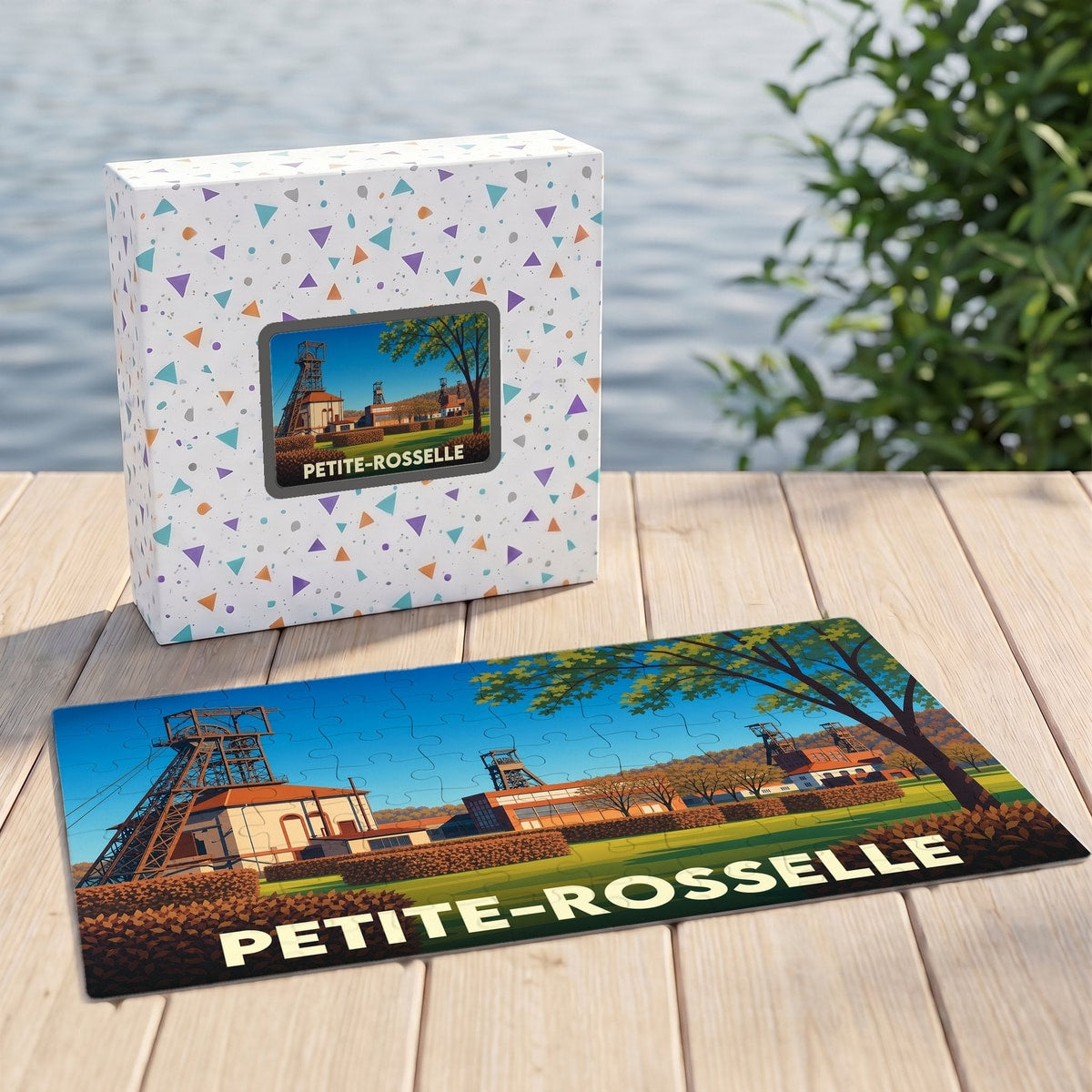 Puzzle souvenir de la ville de Petite-Rosselle illustrant ses anciens puits de mine dans un style rétro.