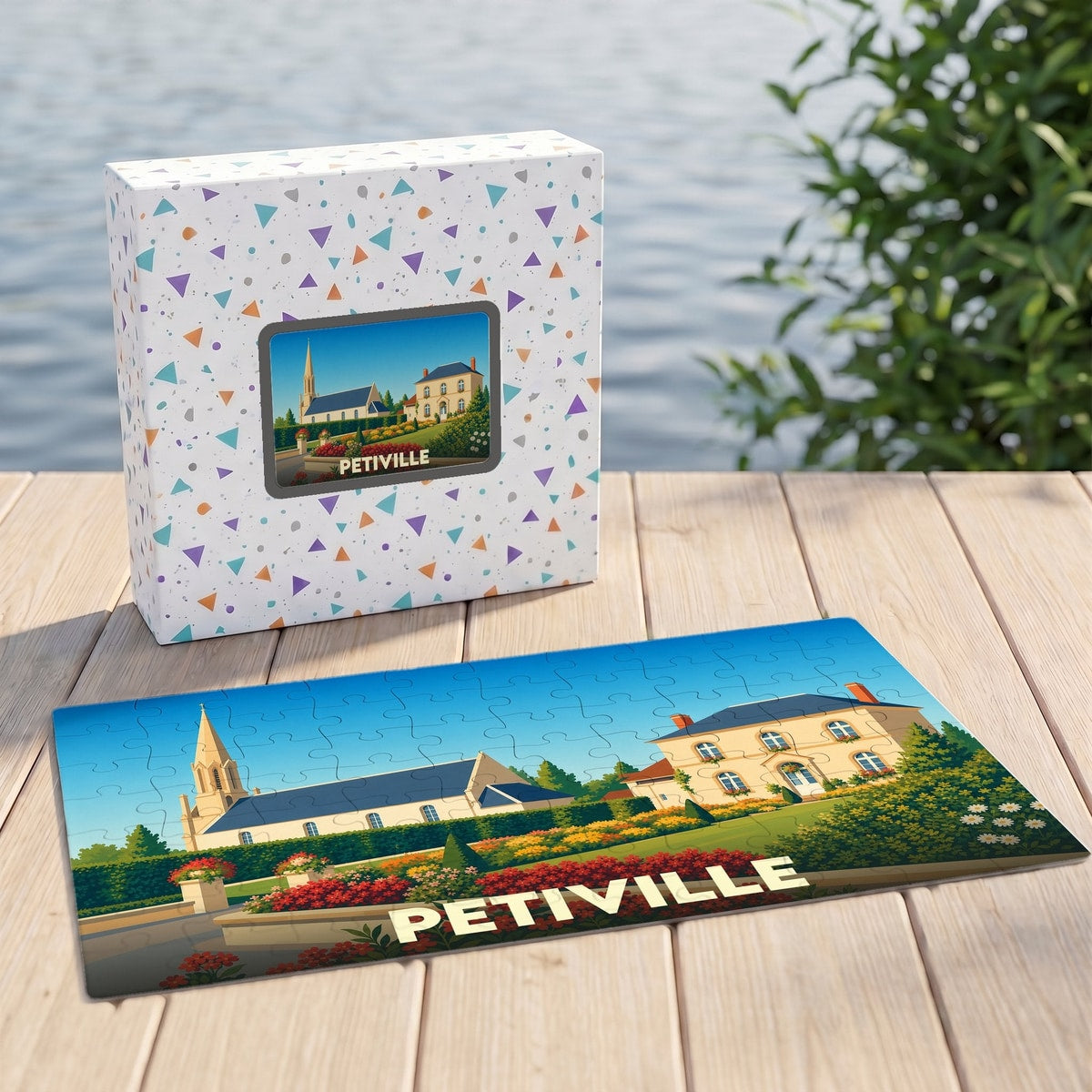 Puzzle souvenir de la ville de Petiville avec une illustration de ses bâtiments et jardins fleuris.