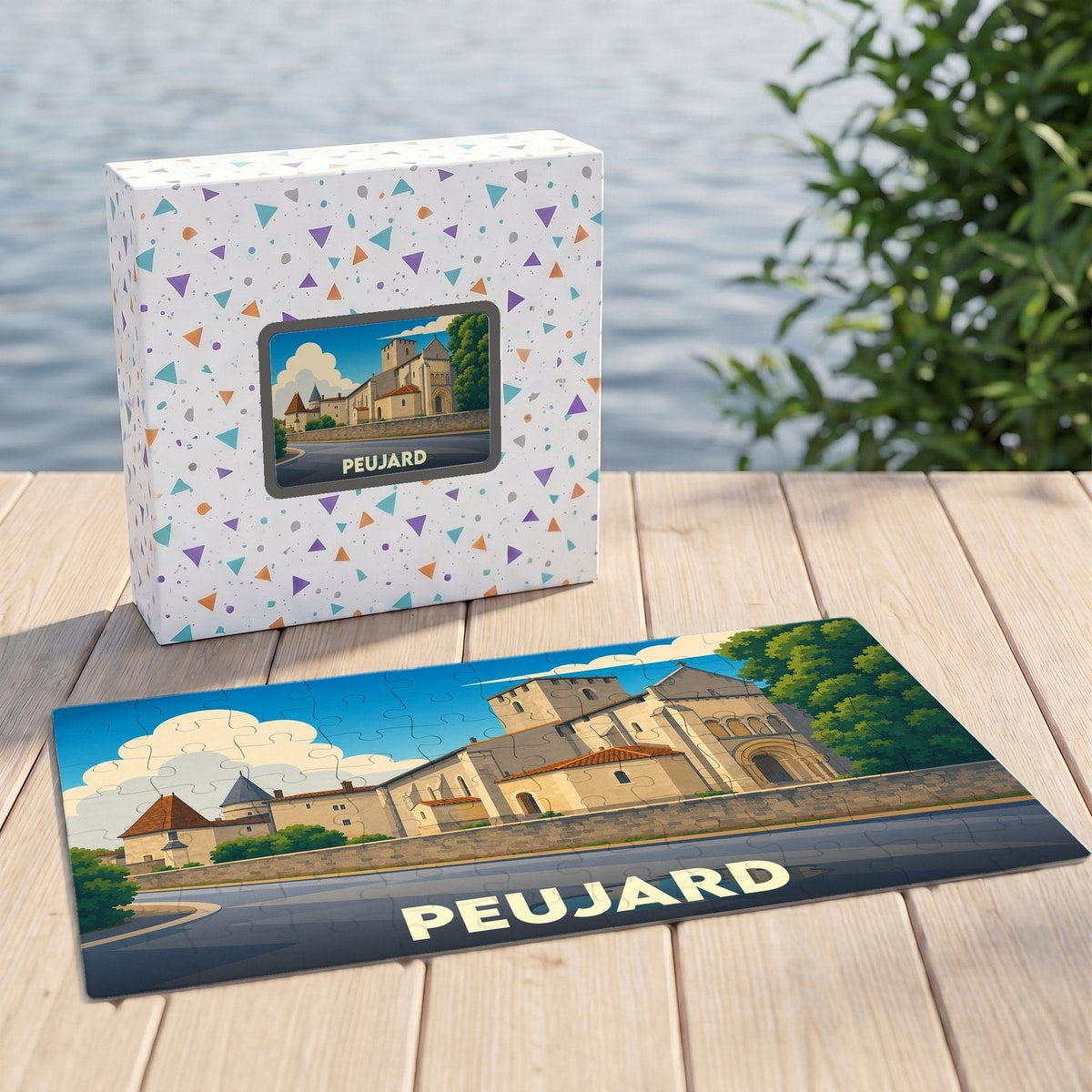 Puzzle souvenir de la ville de Peujard avec une illustration stylisée de son église.