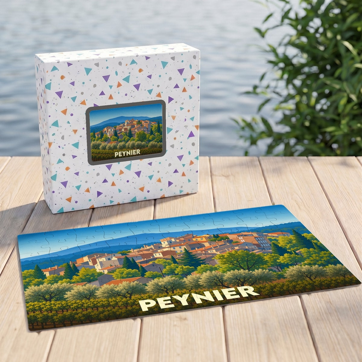 Puzzle souvenir de la ville de Peynier avec une illustration stylisée de son paysage provençal.