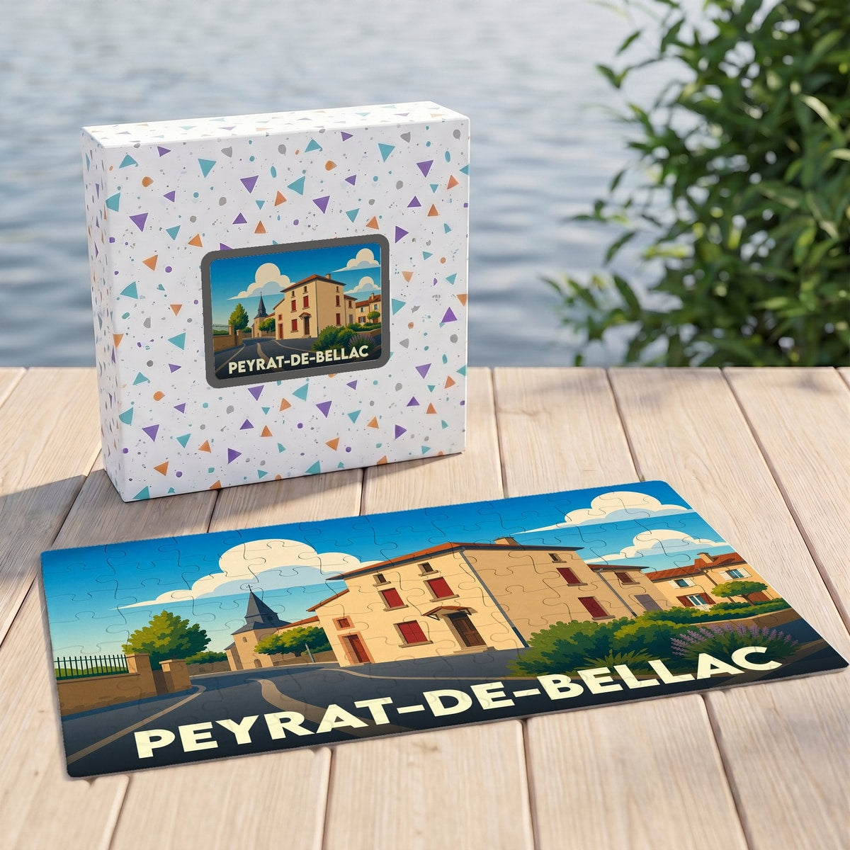 Puzzle souvenir de la ville de Peyrat-de-Bellac avec son illustration stylisée et sa boîte assortie.