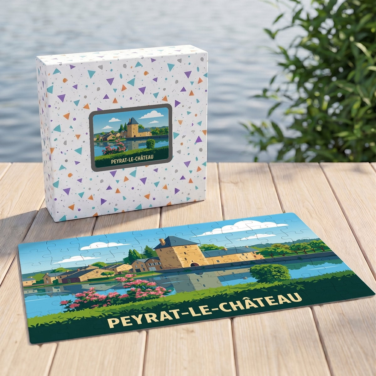 Puzzle souvenir de la ville de Peyrat-le-Château avec une illustration stylisée et colorée.