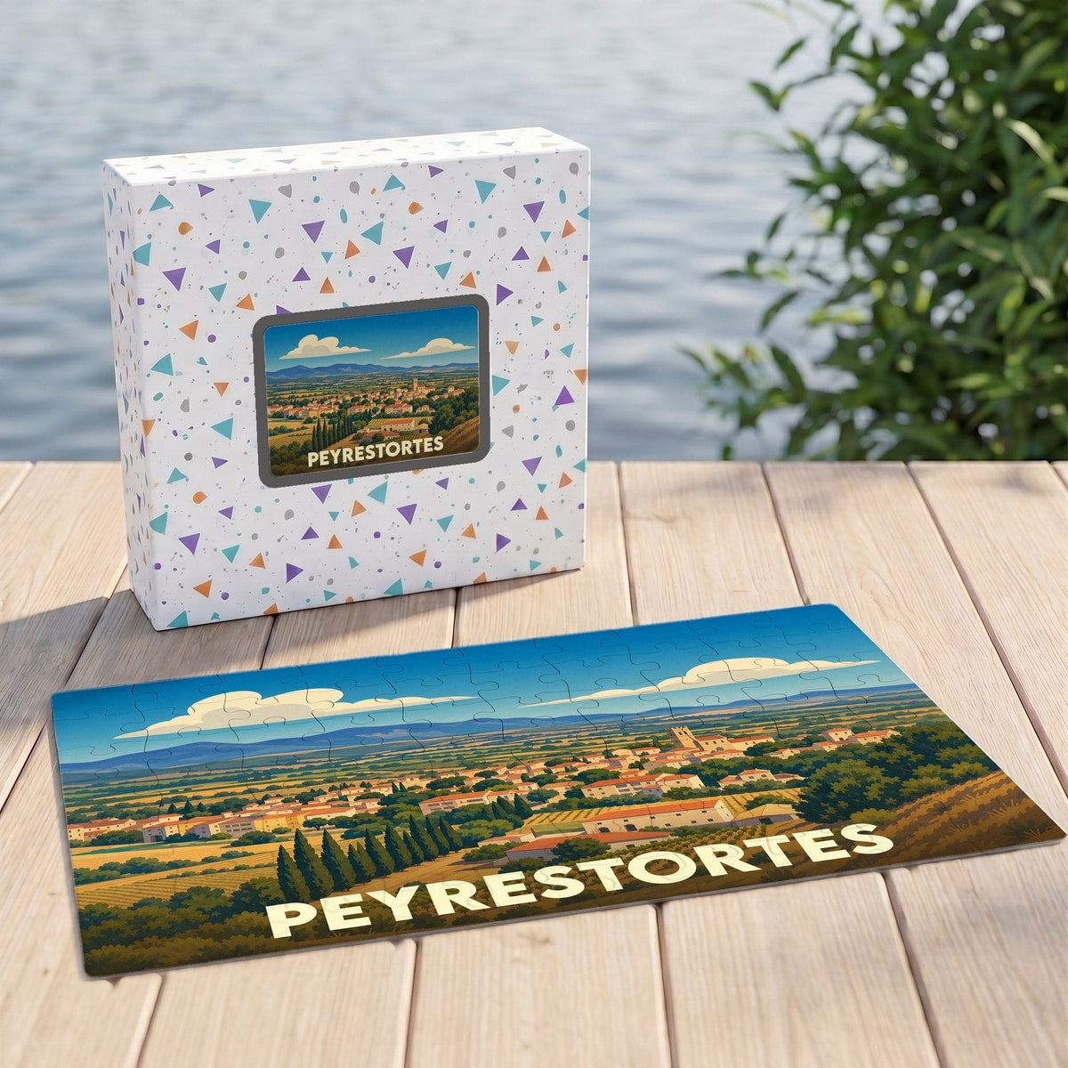 Puzzle souvenir de la ville de Peyrestortes avec une illustration paysagère stylisée.