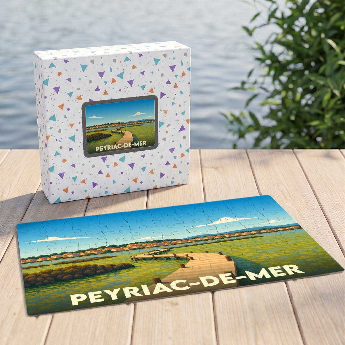 Puzzle souvenir de la ville de Peyriac-de-Mer avec une illustration stylisée de ses pontons.