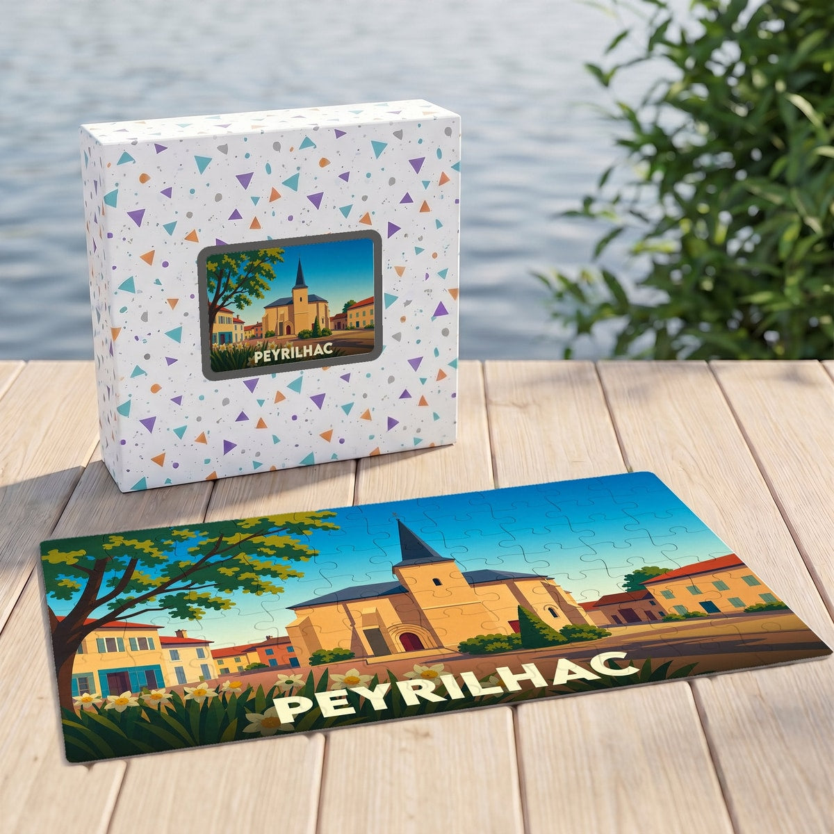 Puzzle souvenir de la ville de Peyrilhac avec une illustration stylisée.