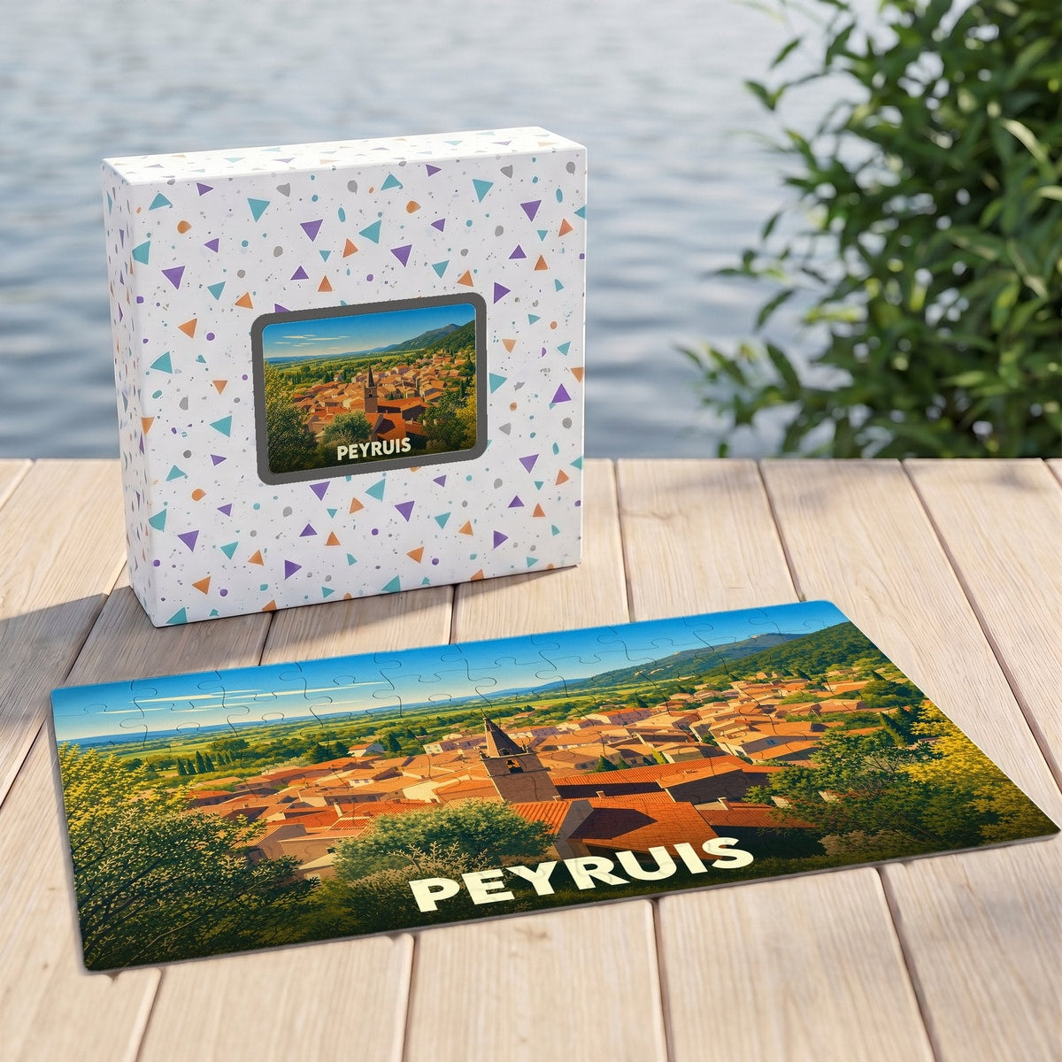 Puzzle souvenir de la ville de Peyruis avec une illustration stylisée et colorée.