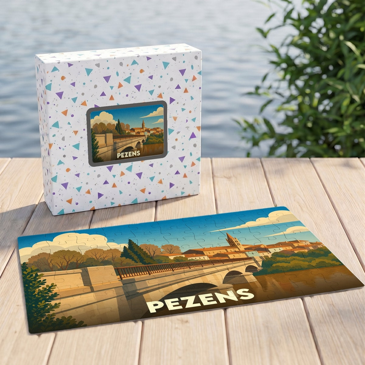 Puzzle souvenir de la ville de Pezens avec une illustration stylisée d'un pont et son église.