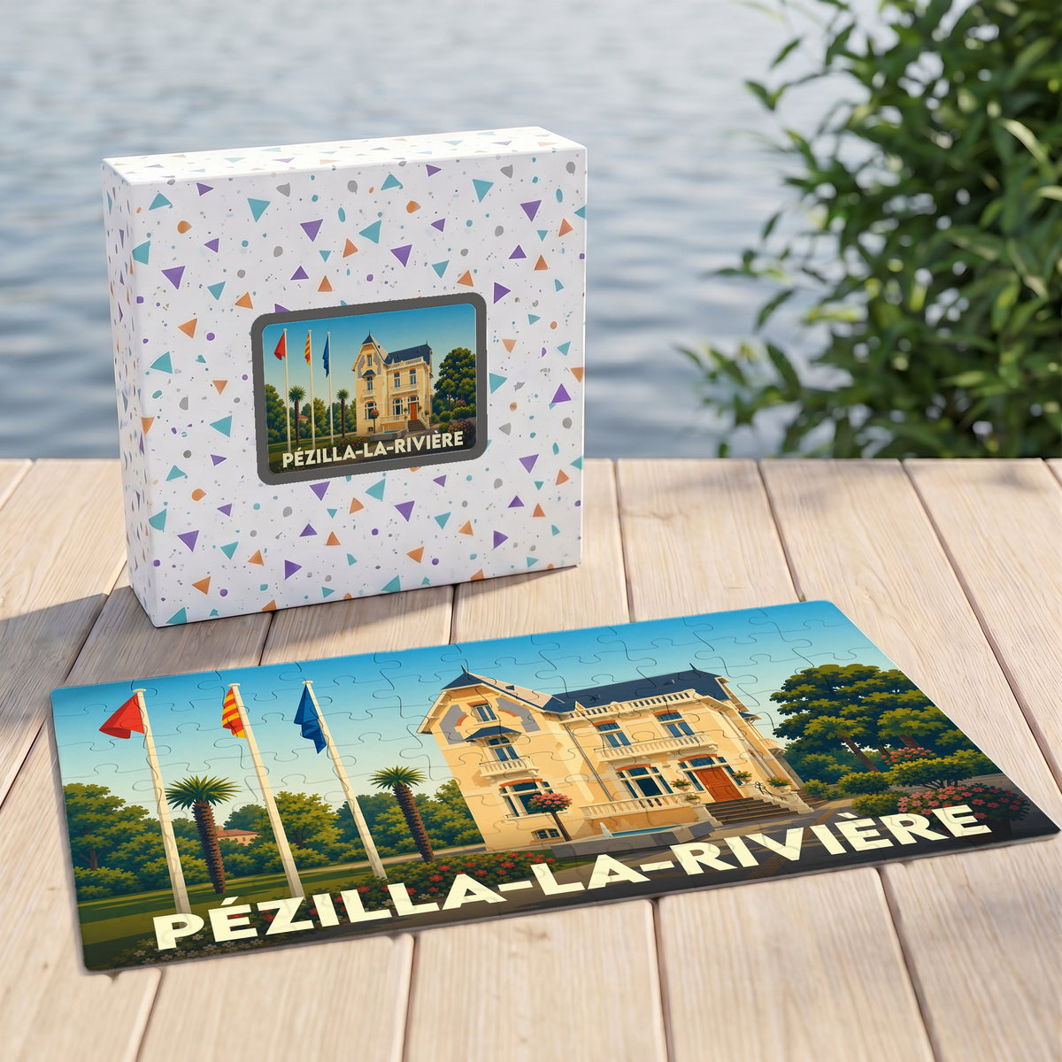 Puzzle souvenir de la ville de Pézilla-la-Rivière avec une illustration stylisée d'une grande demeure et de drapeaux.