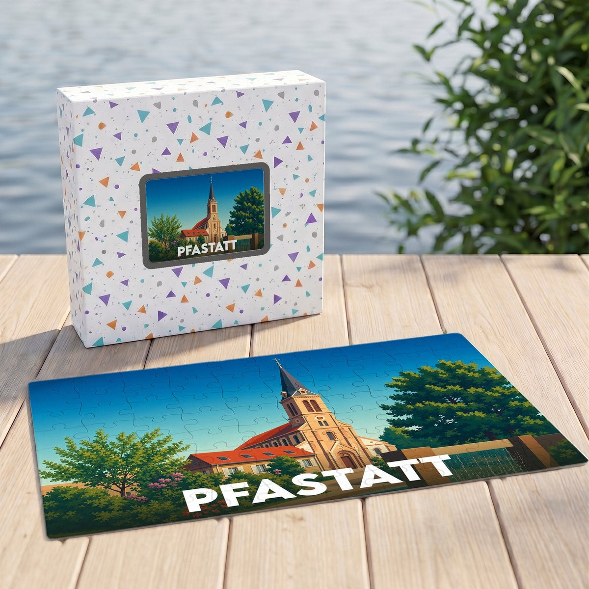 Puzzle souvenir de la ville de Pfastatt illustrant son église dans un style graphique épuré.