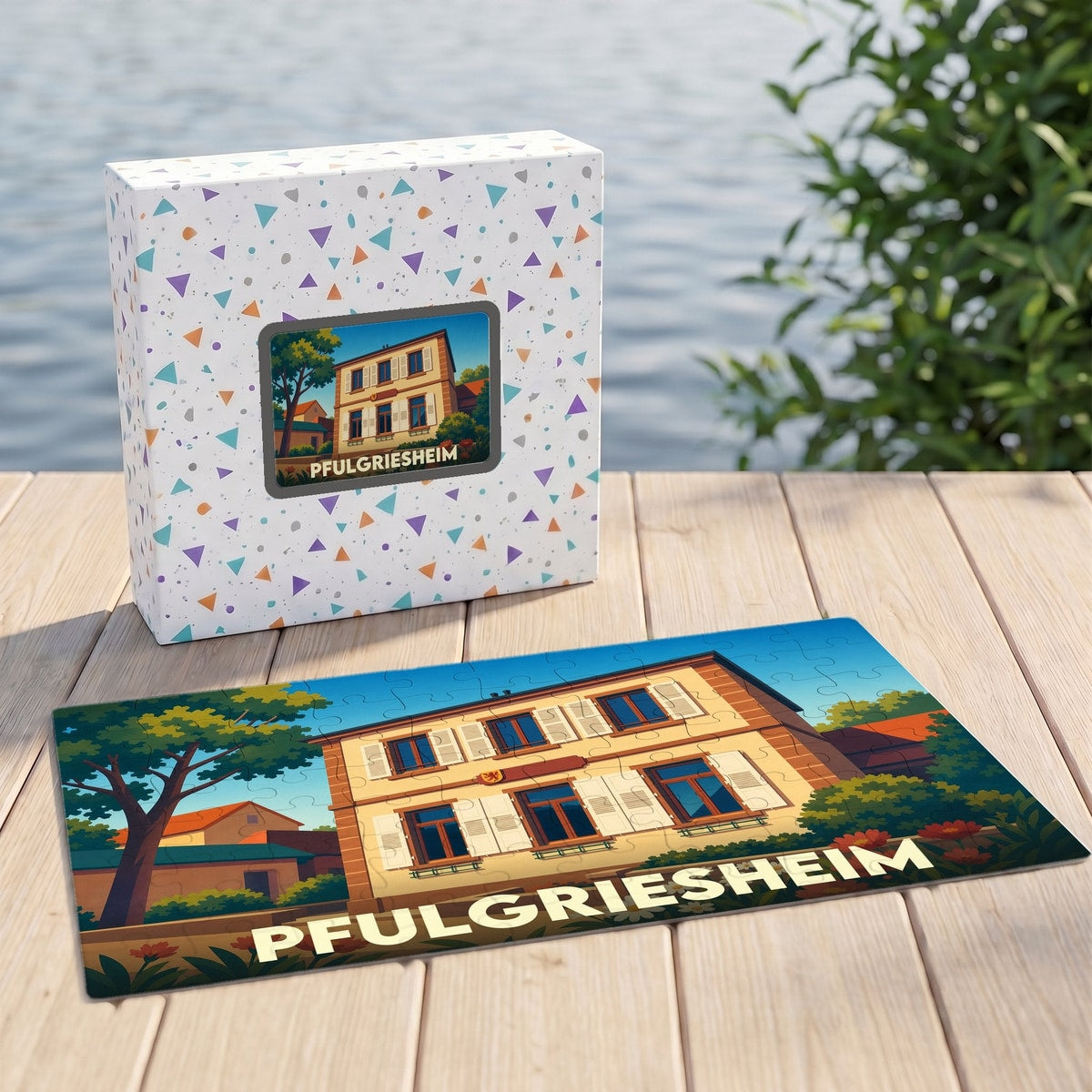 Puzzle souvenir de la ville de Pfulgriesheim avec une illustration stylisée d'un bâtiment traditionnel.