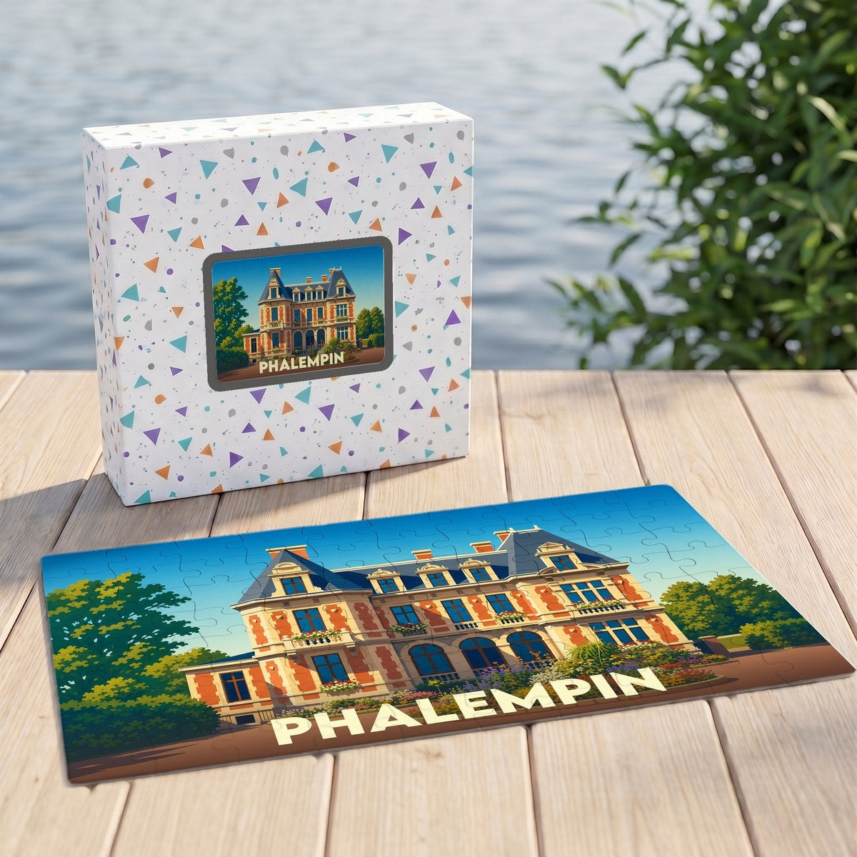 Puzzle souvenir de la ville de Phalempin présentant une illustration stylisée d'un manoir.
