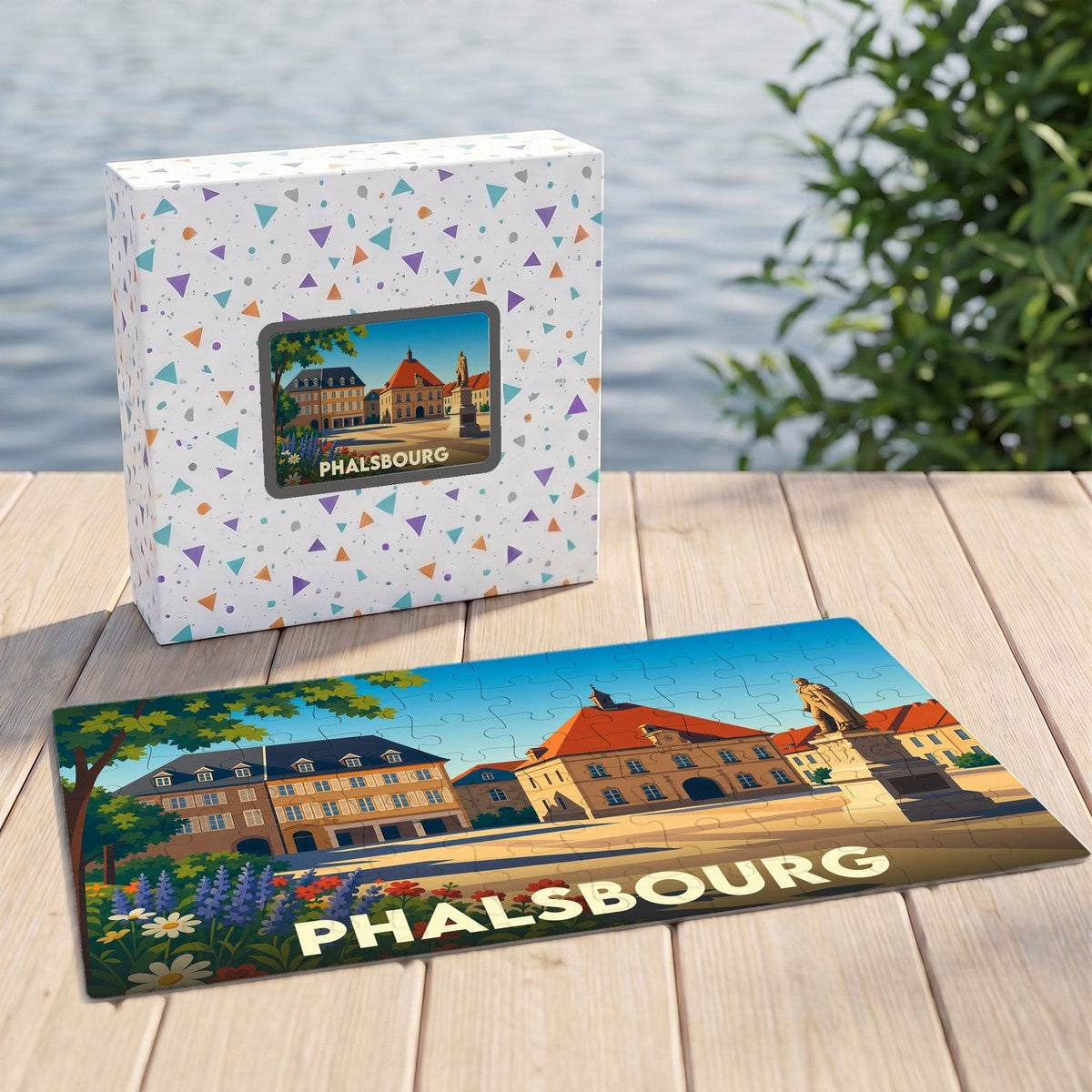 Puzzle souvenir de la ville de Phalsbourg avec une illustration stylisée et sa boîte assortie.