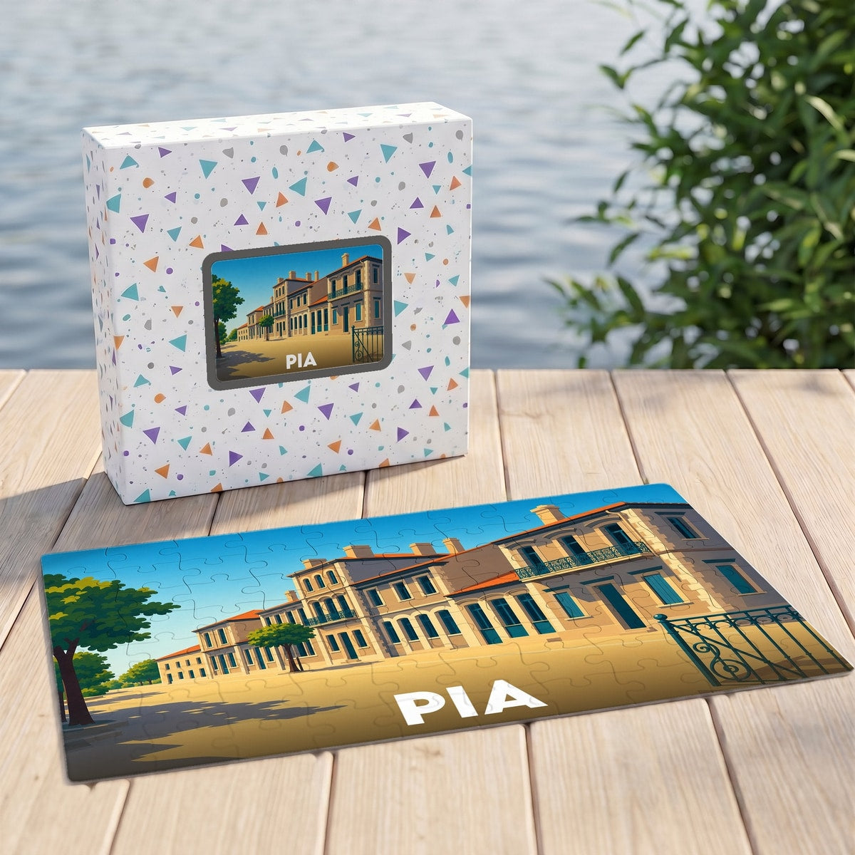 Puzzle souvenir de la ville de Pia avec une illustration stylisée de bâtiments historiques.