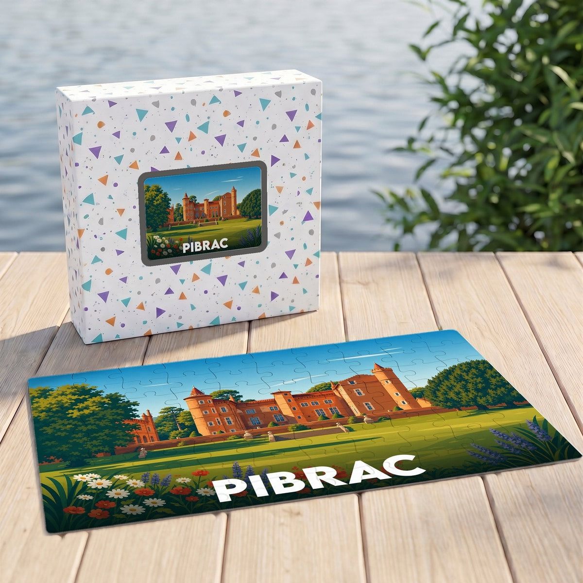Puzzle souvenir de la ville de Pibrac présentant une illustration stylisée de son château.