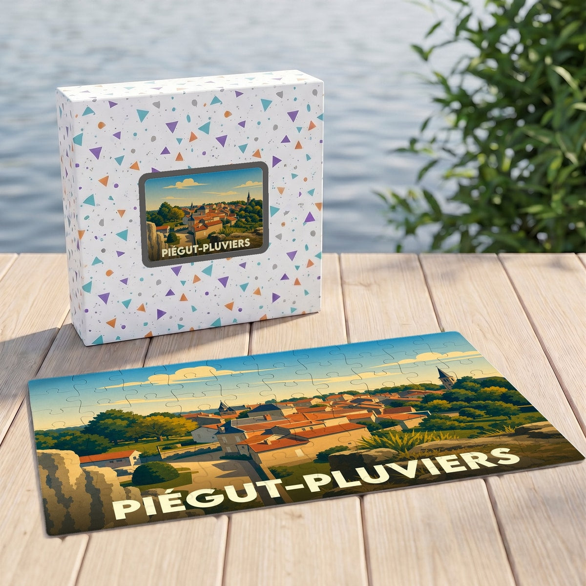 Puzzle souvenir de la ville de Piégut-Pluviers avec une illustration stylisée et colorée.
