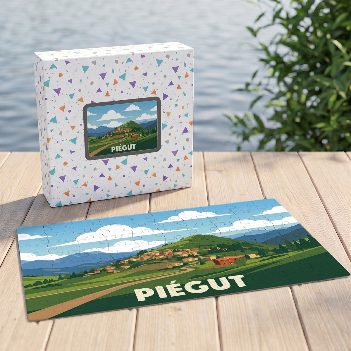 Puzzle souvenir de la ville de Piégut avec une illustration stylisée de son paysage vallonné.