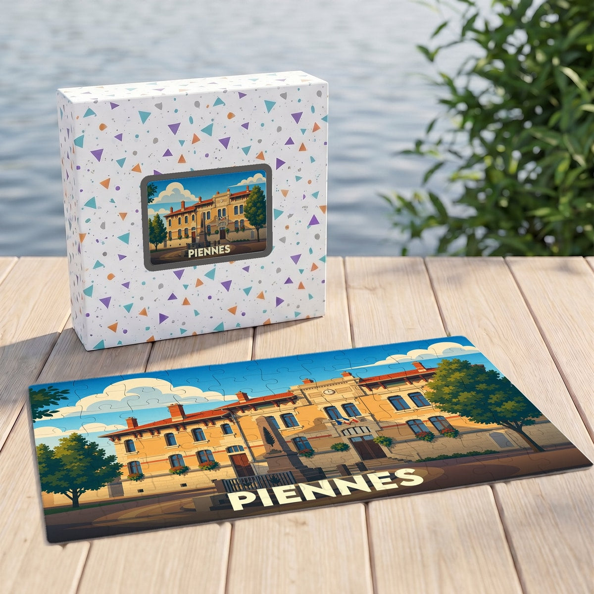 Puzzle souvenir de la ville de Piennes avec une illustration stylisée d'un bâtiment remarquable.