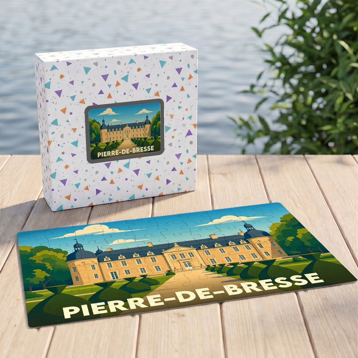 Puzzle souvenir de la ville de Pierre-de-Bresse avec une illustration stylisée de son château.