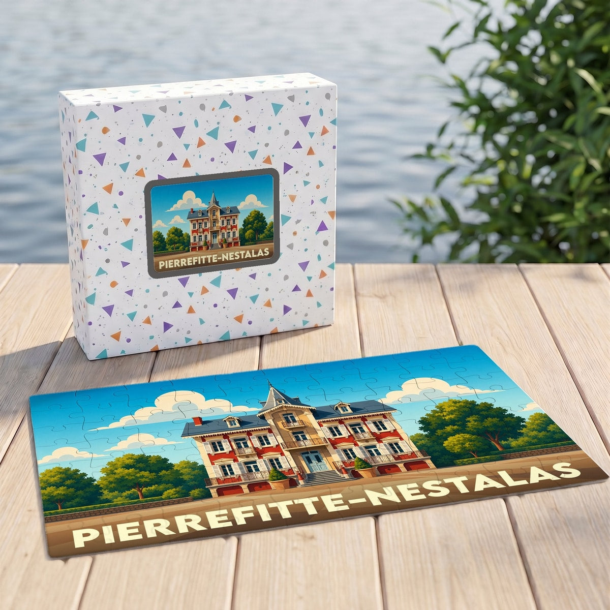 Puzzle souvenir de la ville de Pierrefitte-Nestalas avec une illustration stylisée d'une grande demeure ancienne.