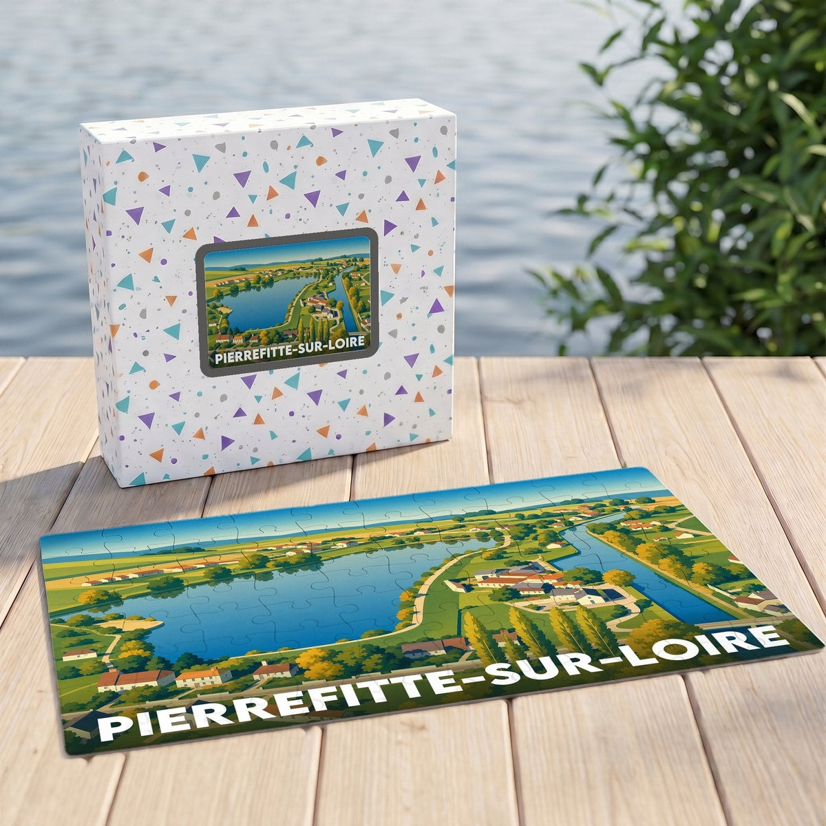 Puzzle souvenir de la ville de Pierrefitte-sur-Loire avec une illustration stylisée de son paysage fluvial.